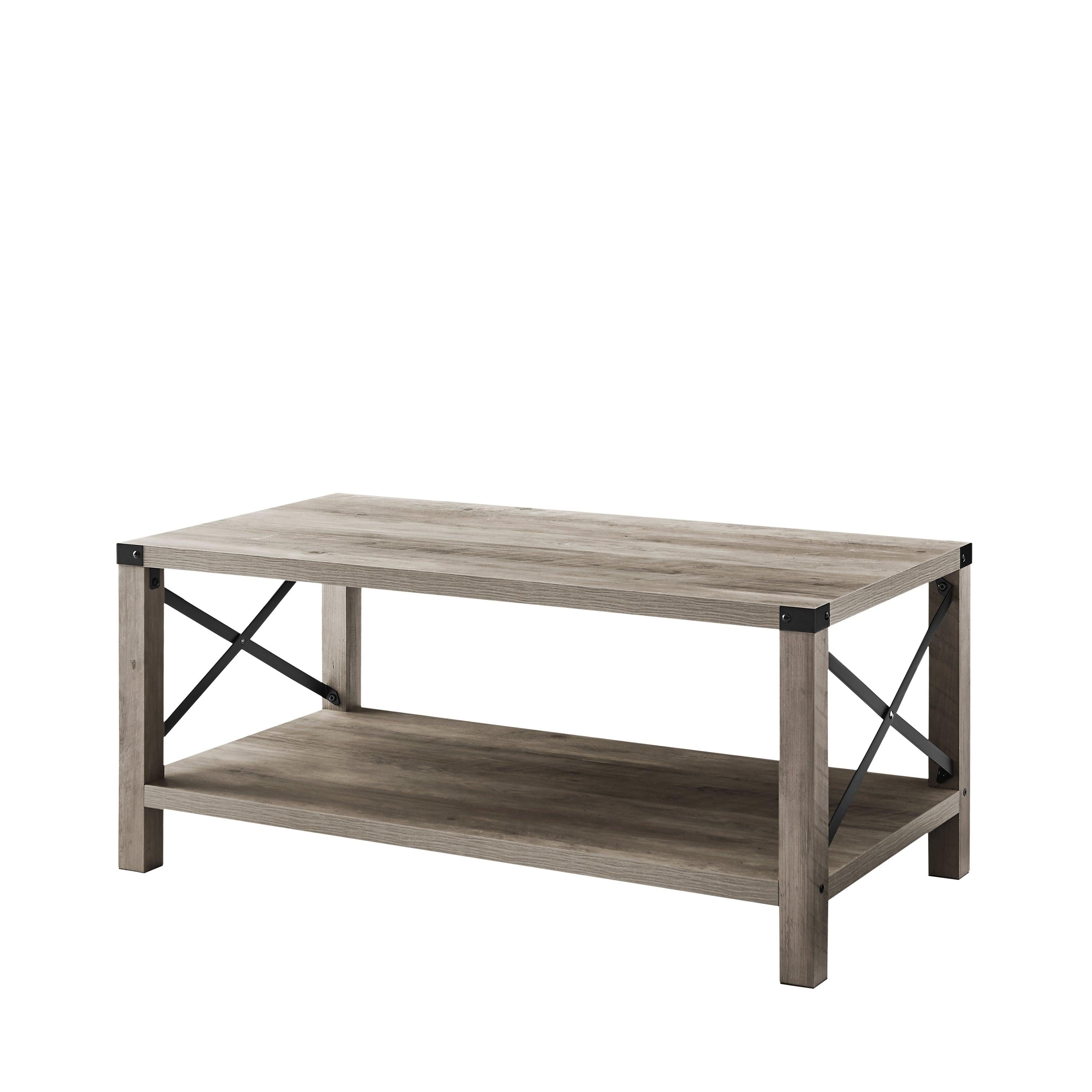 2-TierModern Farmhouse Coffee Table, Wood Rectangle Cocktail Table with Metal X- Frame (Gray, 40.94" w x 21.65" d x 17.91" h)