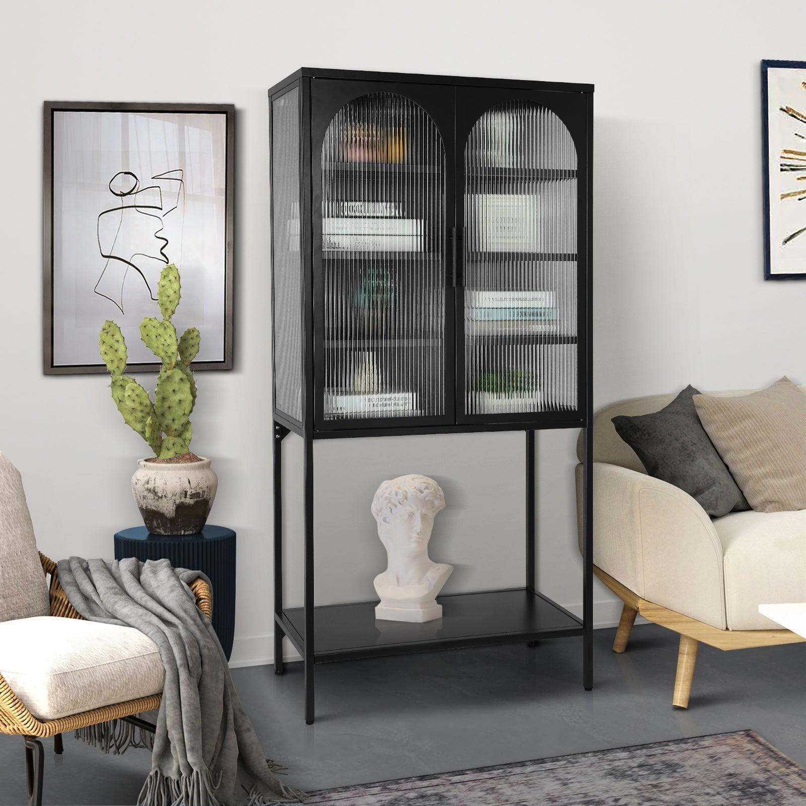 Stylish Tempered Glass TallStorage Cabinet with 2 Arched Doors Adjustable Shelves and open bottom shelf ,Feet Anti-Tip Dust-free Fluted Glass Kitchen Credenza Black Color