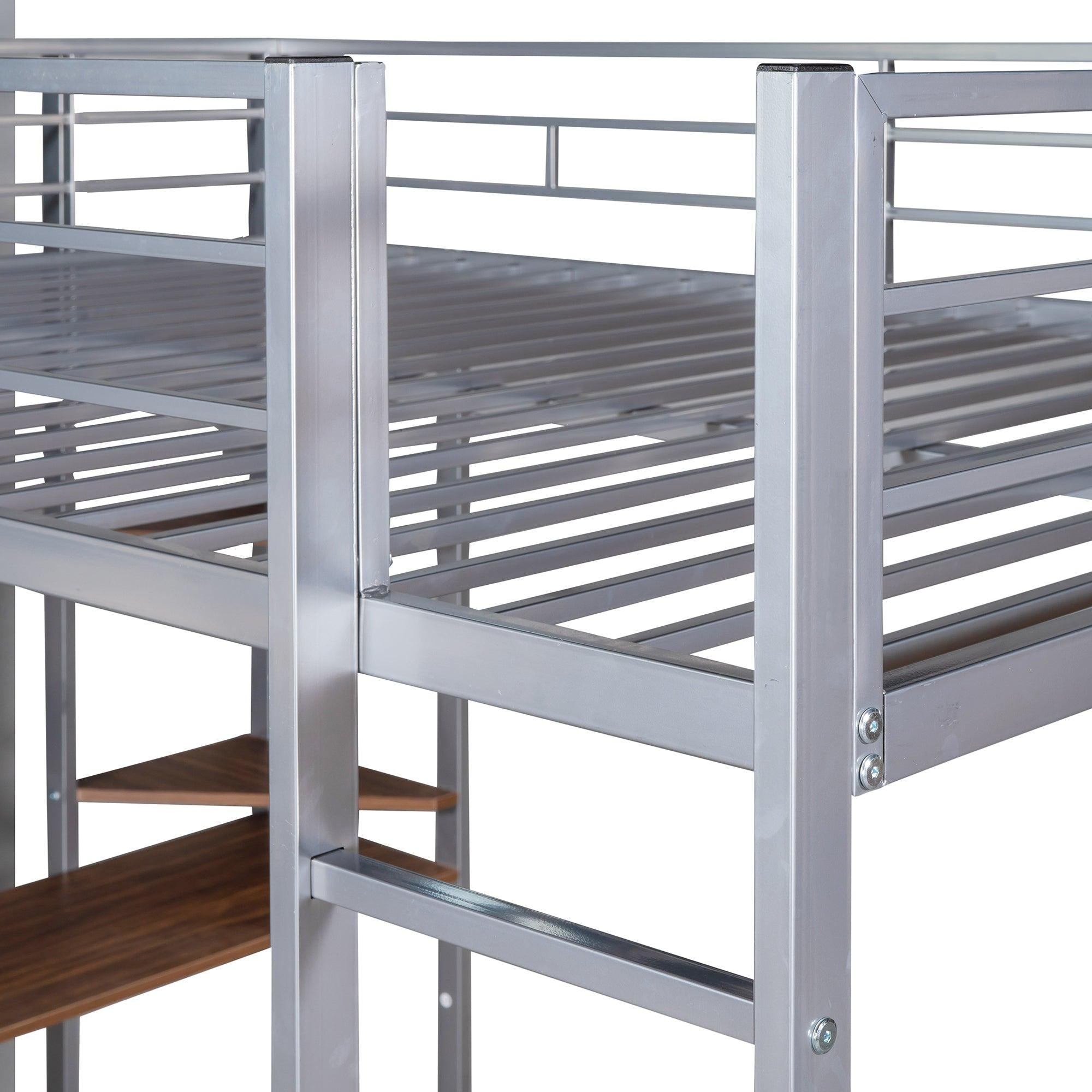 Full Size Metal Loft Bed with 2 Shelves and one Desk ,Silver