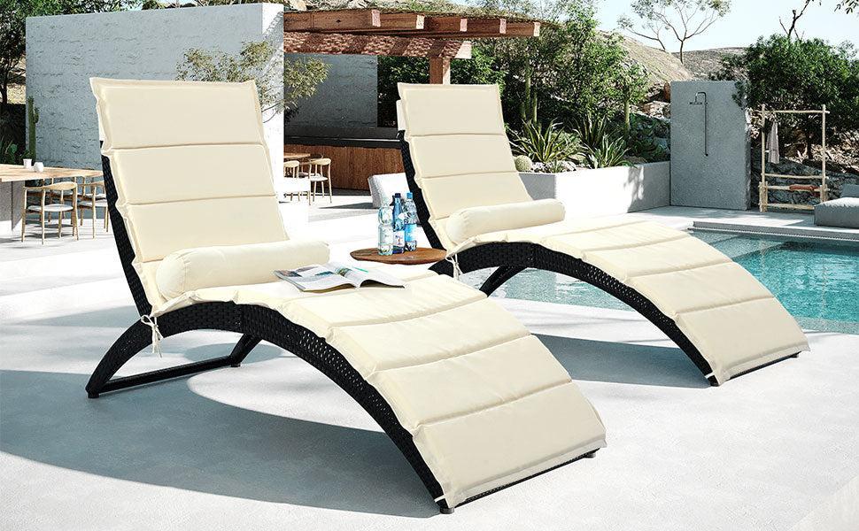 2 PCS Outdoor Patio PE Rattan Wicker Sun Foldable Chaise Lounger with Removable Beige Cushion and Bolster Pillows