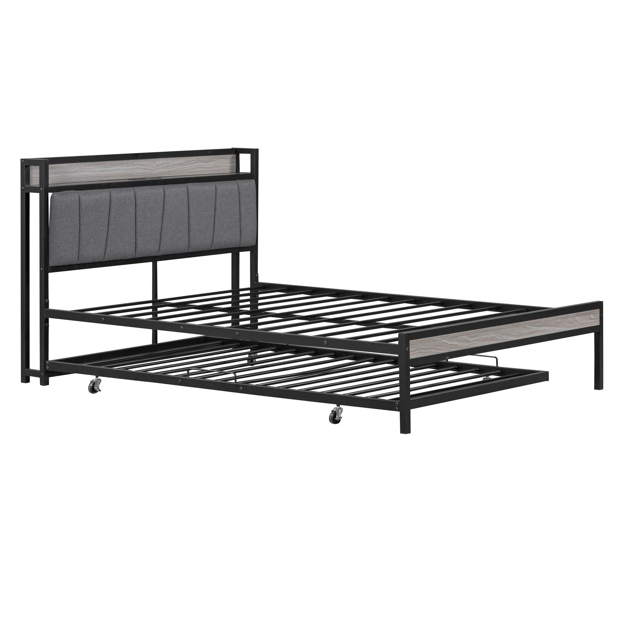 Full Size Metal Platform Bed Frame with Twin size trundle, Upholstered headboard ，Sockets, USB Ports and Slat Support ,No Box Spring Needed，Black