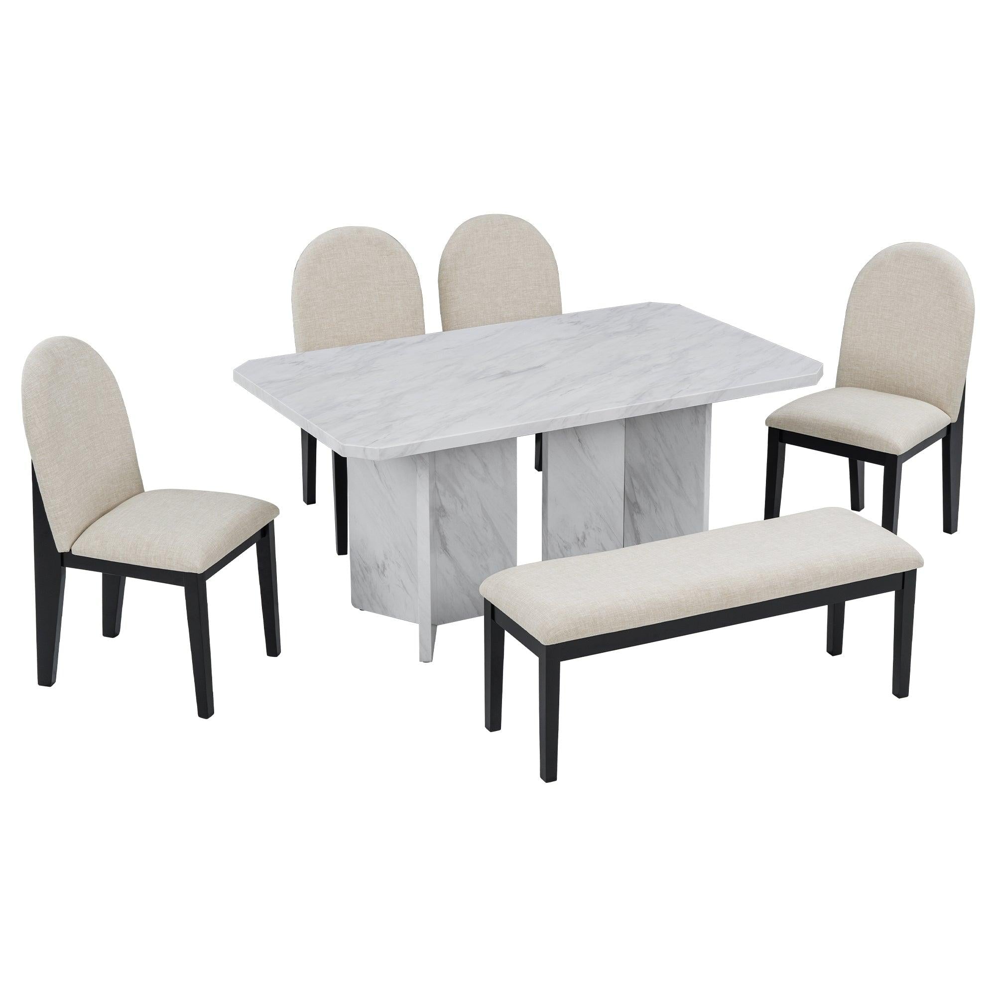 6-PieceModern Style Dining Set with Faux Marble Table and 4 Upholstered Dining Chairs & 1 Bench (White)