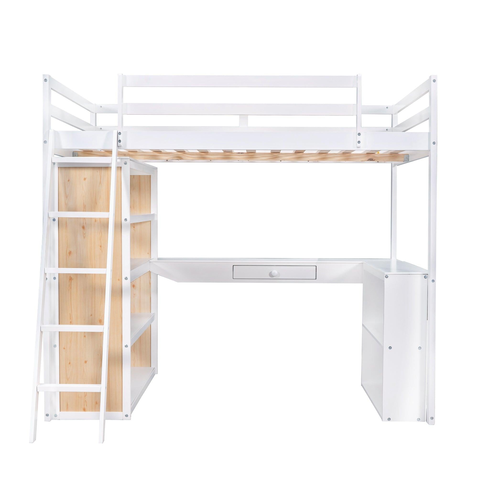 Full Size Loft Bed with Ladder, Shelves, and Desk, White