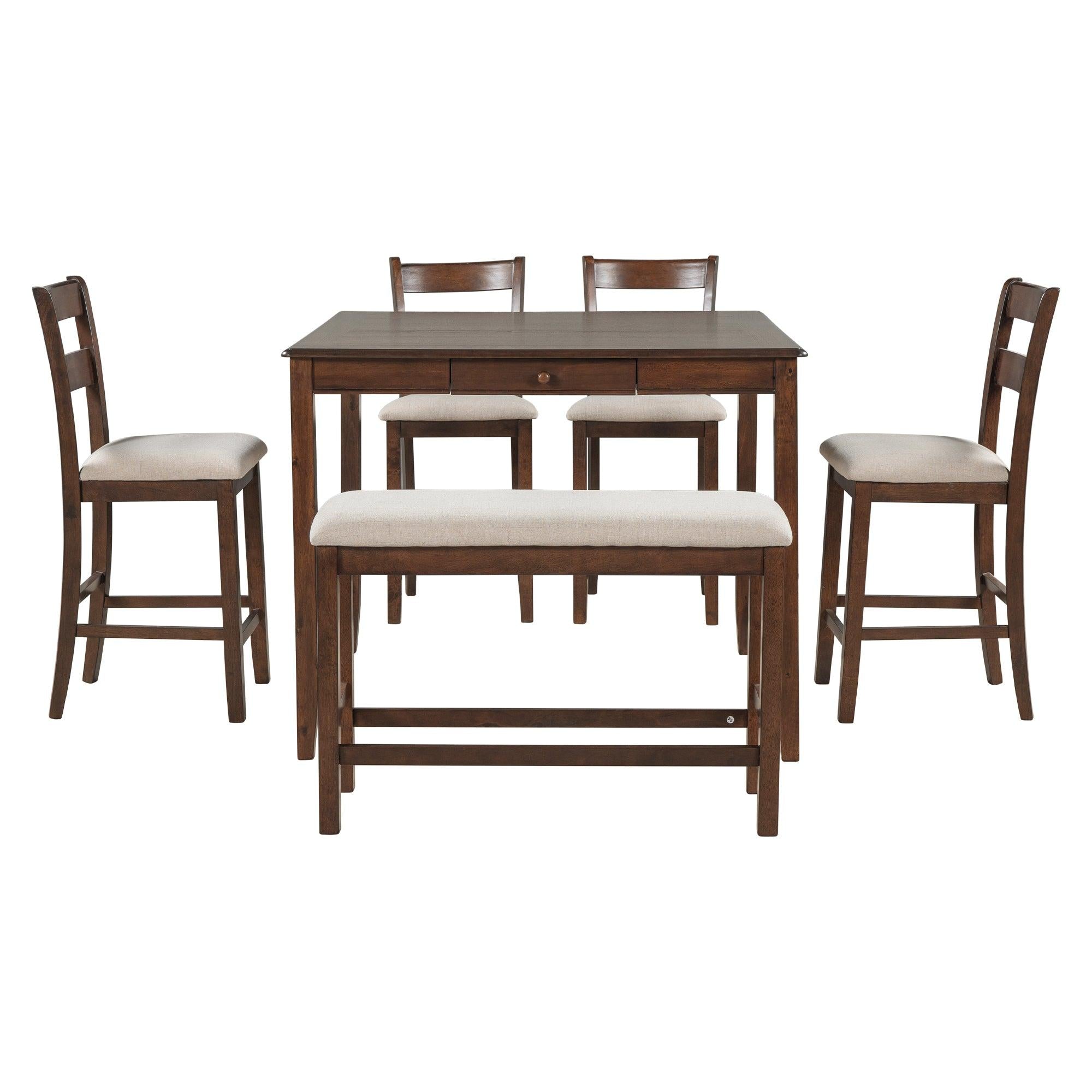 Wood 6-Piece Dining Table Set withStorage Drawer, Counter Height Square Kitchen Set with Upholstered Chair and Bench, Walnut