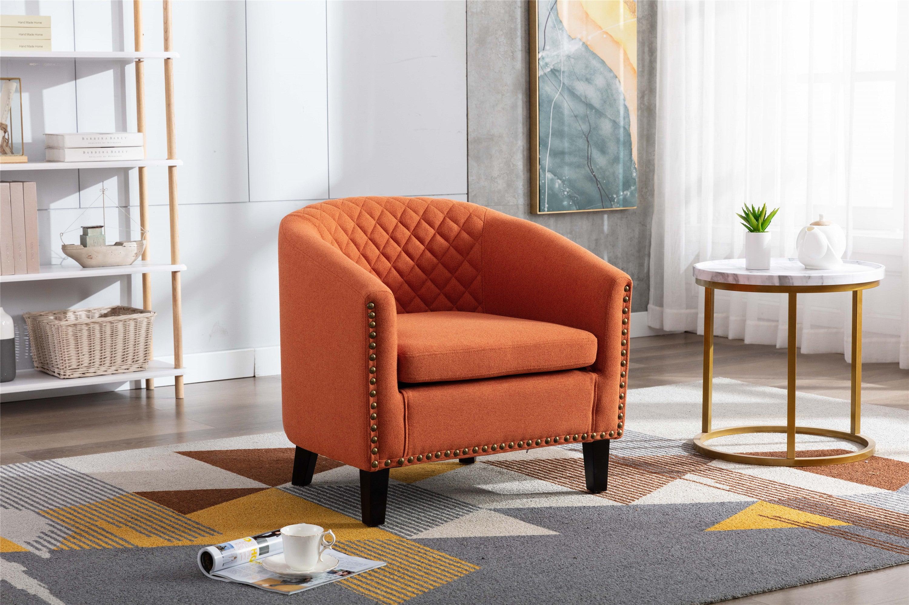 accent Barrel chair living room chair with nailheads and solid wood legs  Orange  linen