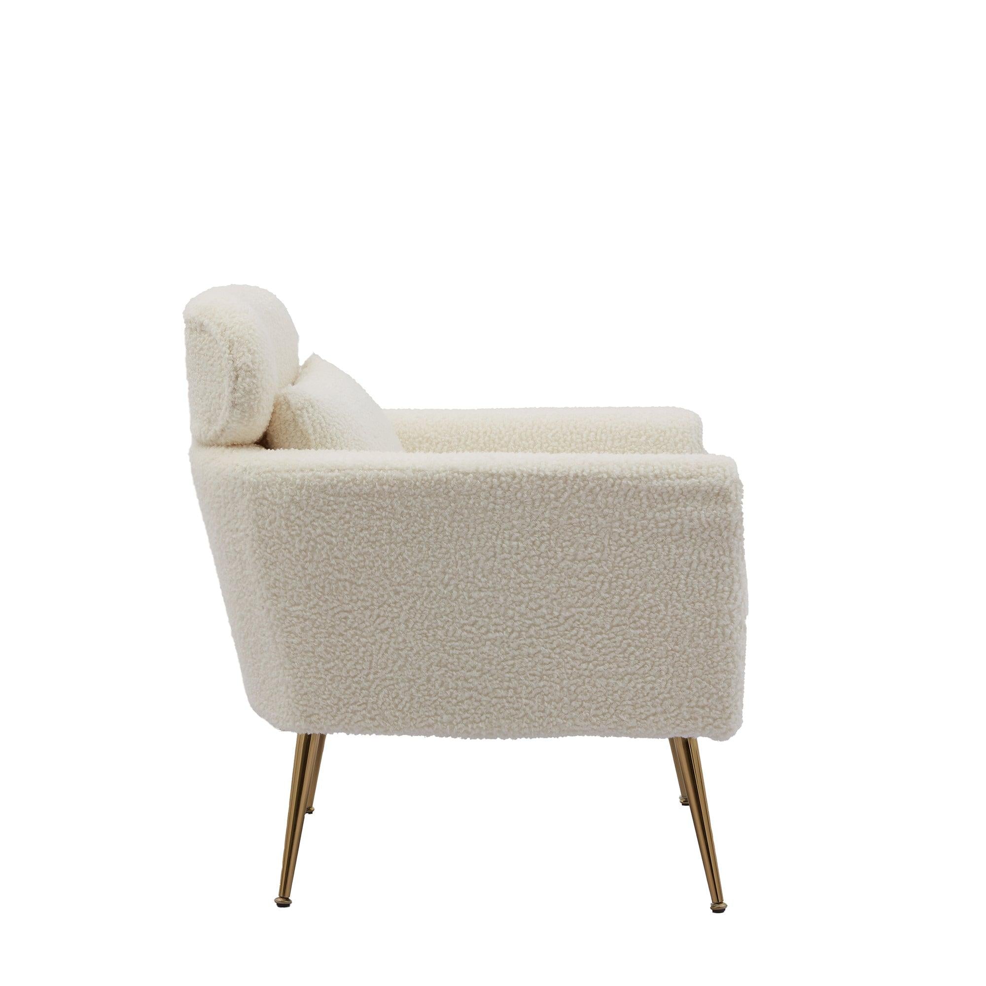 29.5"WModern Boucle Accent Chair Armchair Upholstered Reading Chair Single Sofa Leisure Club Chair with Gold Metal Leg and Throw Pillow for Living Room Bedroom Dorm Room Office, Ivory Boucle