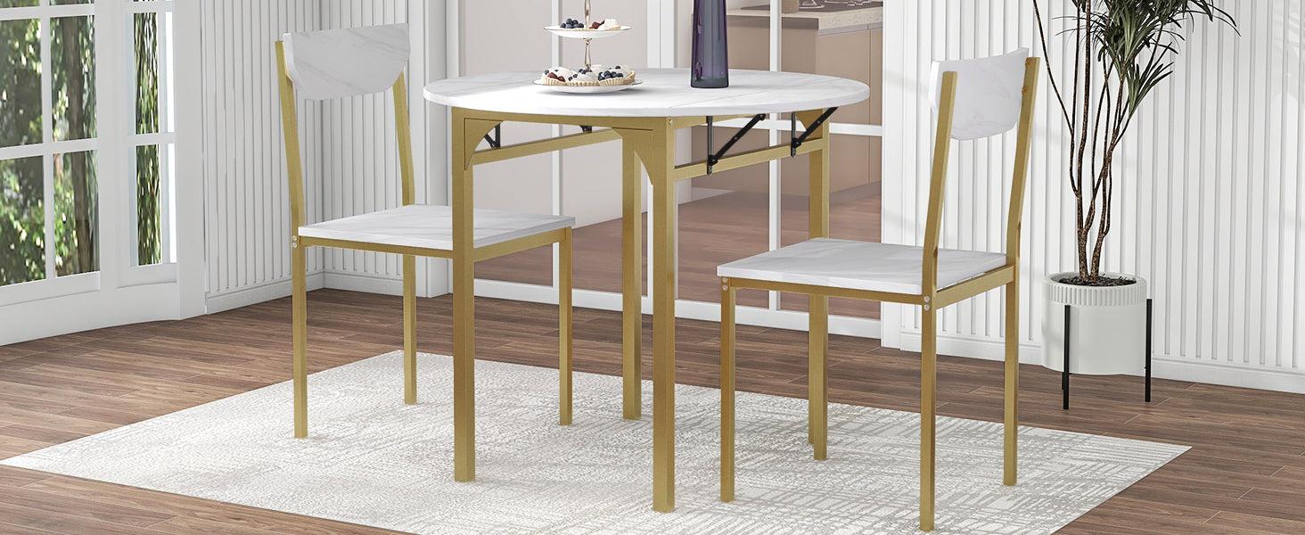 Modern 3-Piece Round Dining Table Set with Drop Leaf and 2 Chairs for Small Places,lden Frame+Faux White Granite Finish