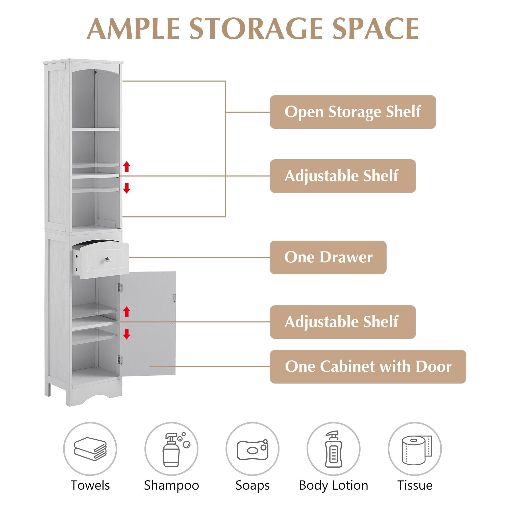 Tall Bathroom Cabinet, FreestandingStorage Cabinet with Drawer, MDF Board, Adjustable Shelf, White