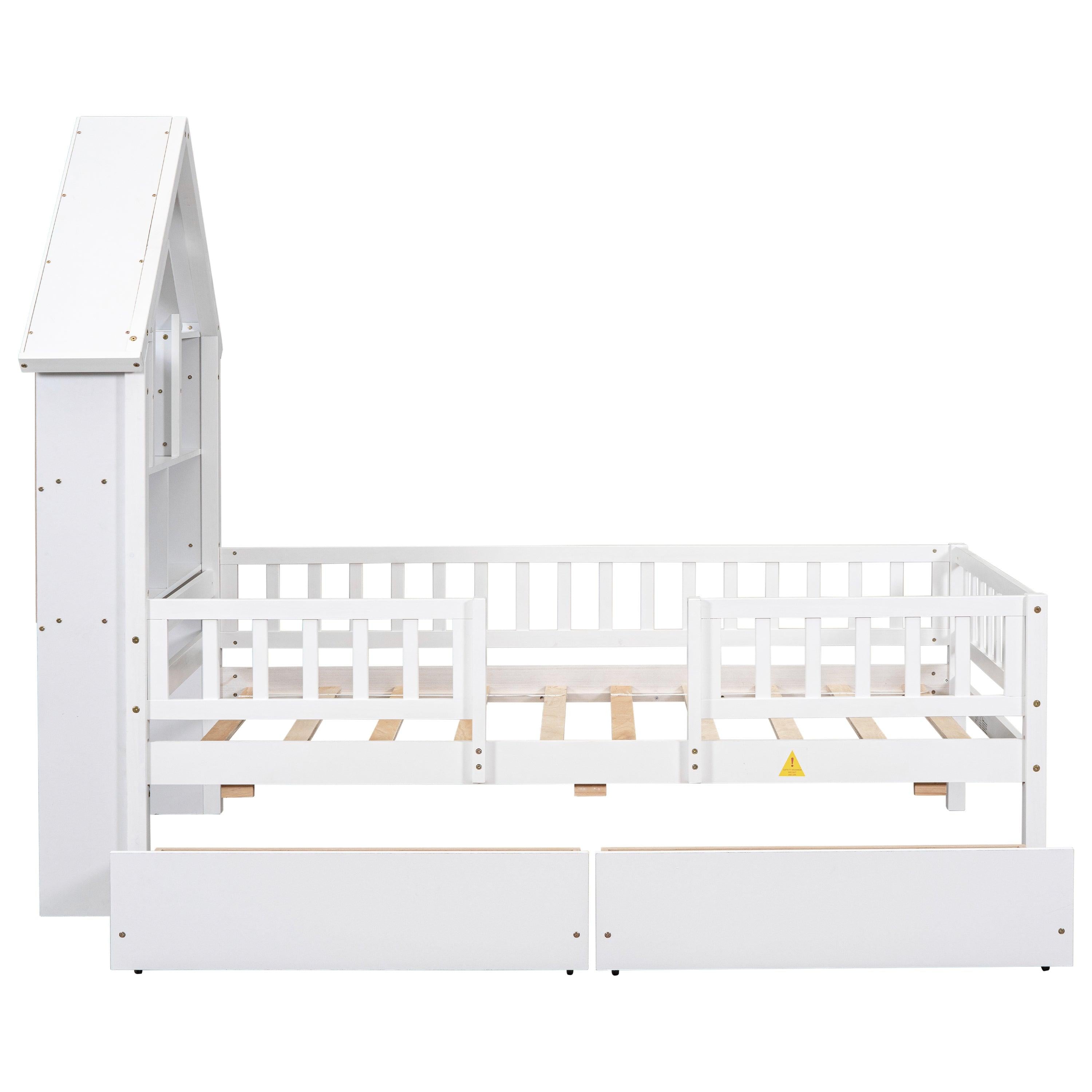 Twin Size House-Shaped Headboard Bed with Fence Guardrails and Drawers ,White