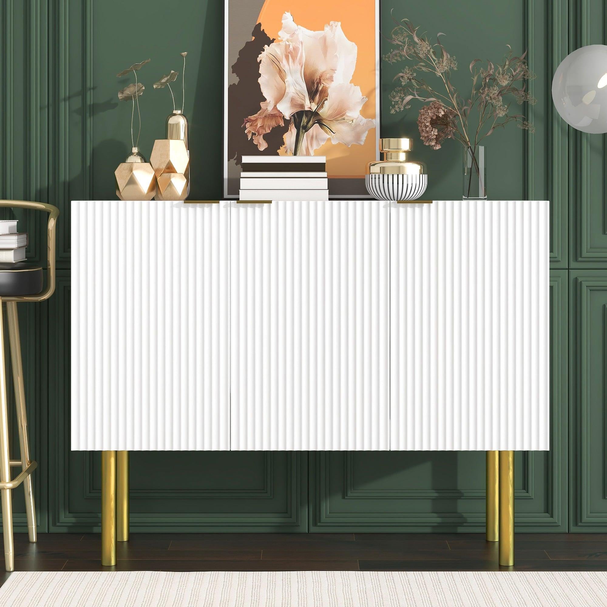 Modern Simple & Luxury Style Sideboard Particle Board & MDF Board Cabinet with Gold Metal Legs & Handles, Adjustable Shelves for Living Room, Dining Room (White)