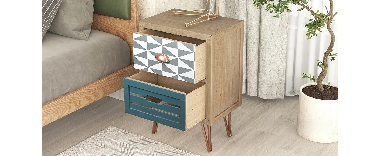 Wooden Nightstand with Two Drawer and Metal FeetModern Style Bedside Table (Natural)