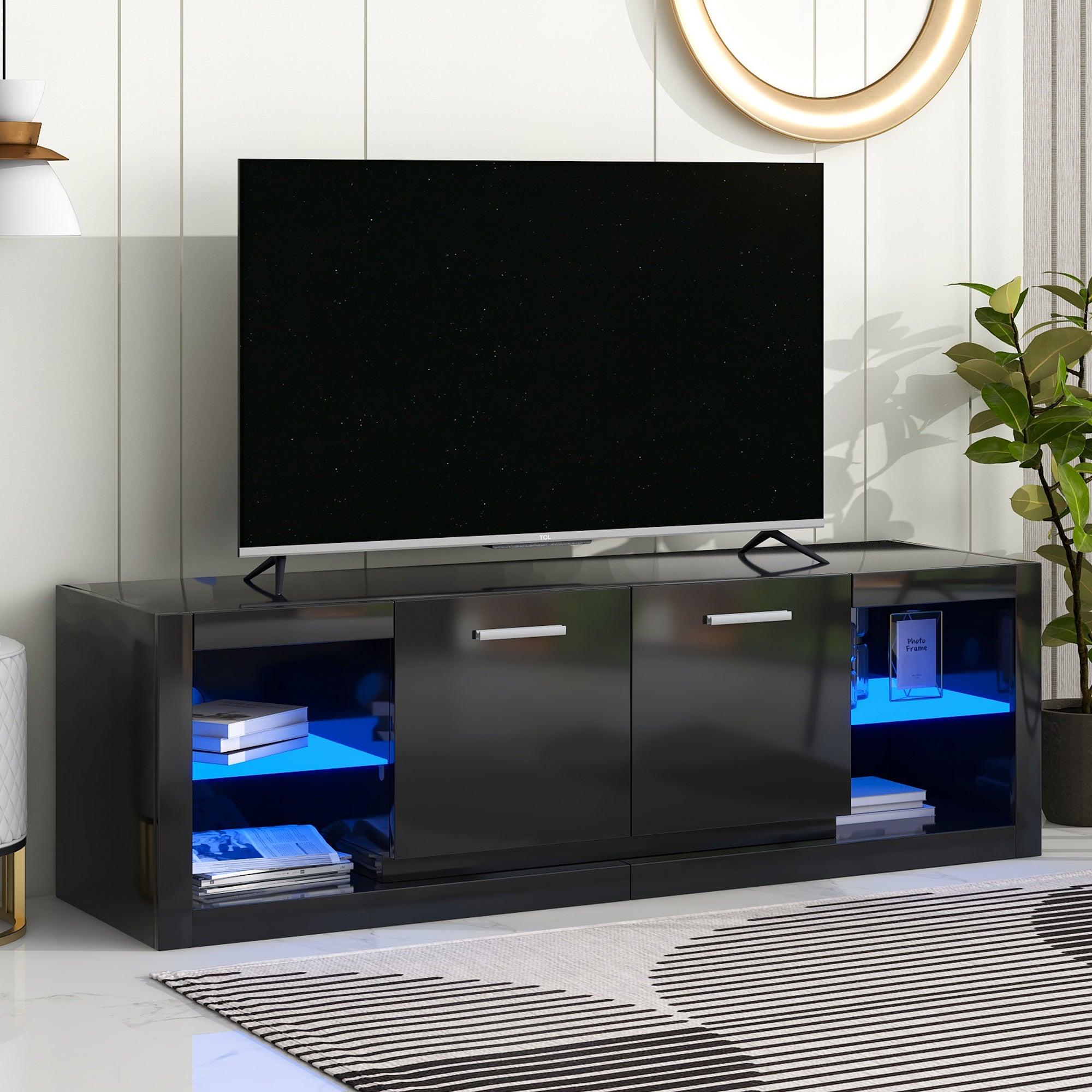 Modern TV Stand with 2 Tempered Glass Shelves, High Gloss Entertainment Center for TVs Up to 70”, Elegant TV Cabinet with LED Color Changing Lights for Living Room, Black image