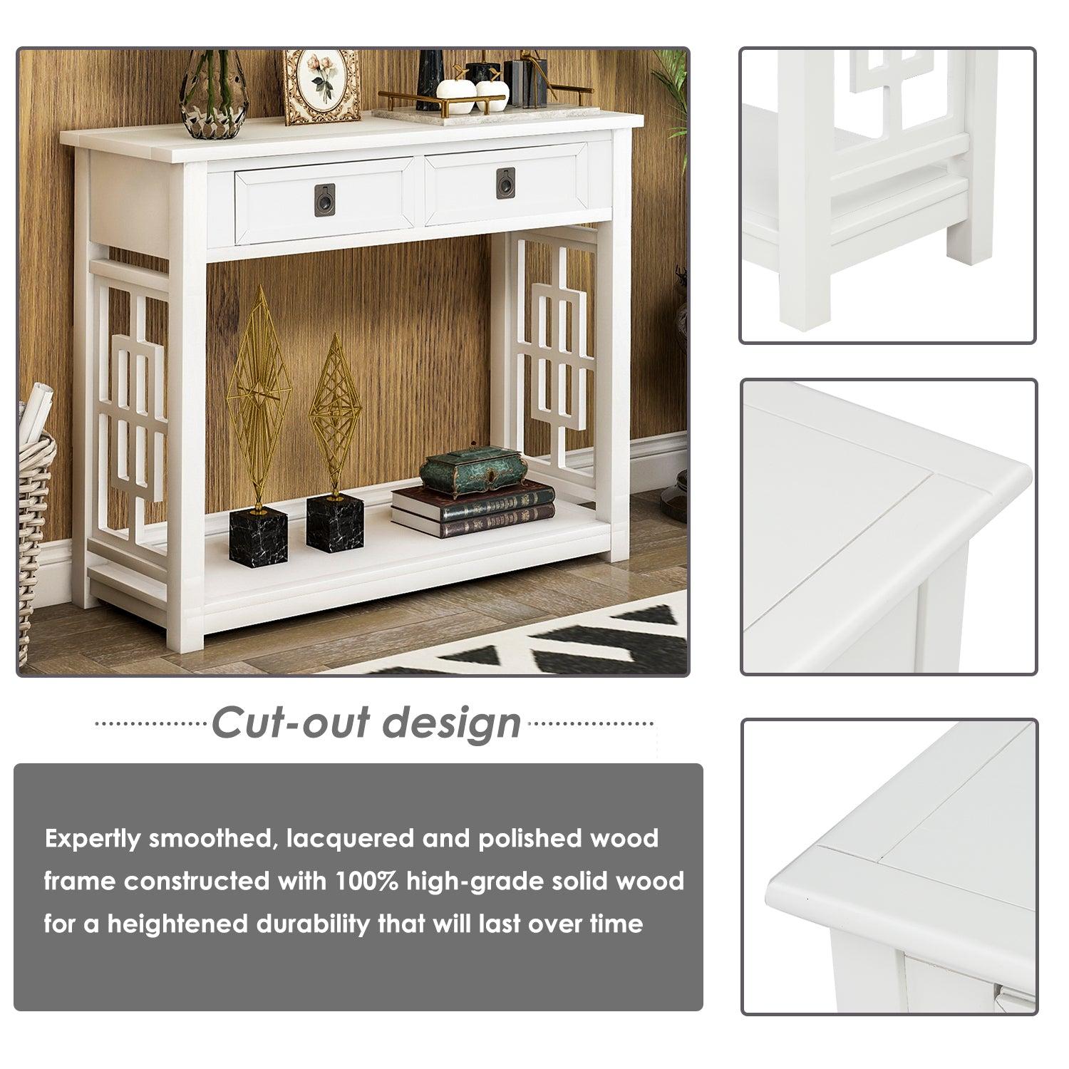 Console Table with 2 Drawers and Bottom Shelf, Entryway Accent Sofa Table (White)