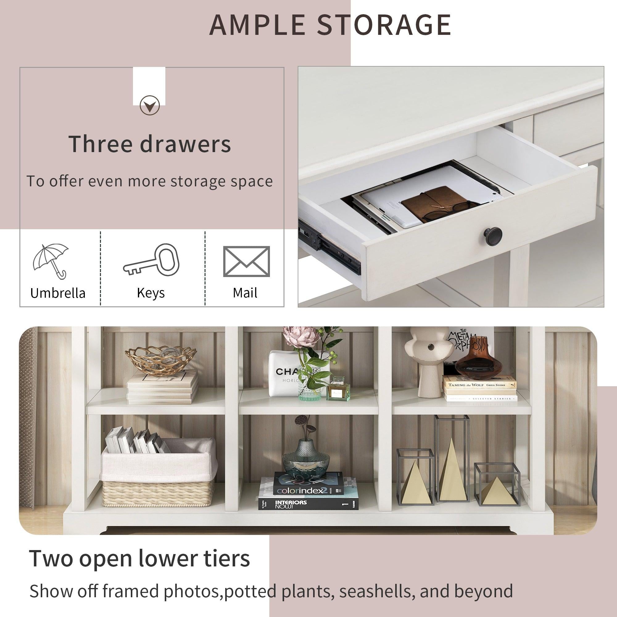 Retro Console Table/Sideboard with AmpleStorage, Open Shelves and Drawers for Living Room (Antique White)