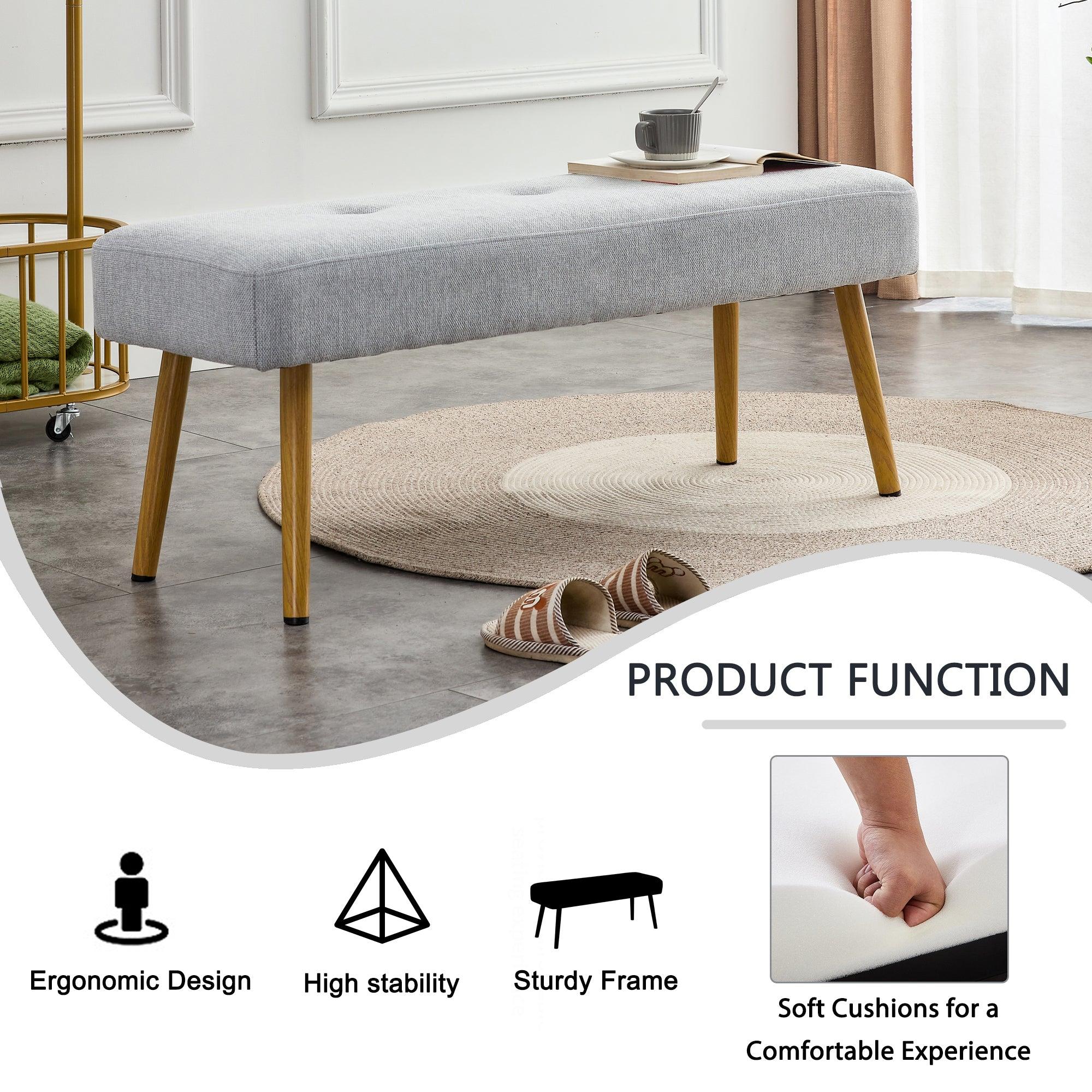 Linen Fabric Upholstered Bench With Gold Metal Legs .Shoe Changing Bench Sofa Bench Dining Chair .for to Bedroom Fitting Room, Store, Dining Room and Living Room.