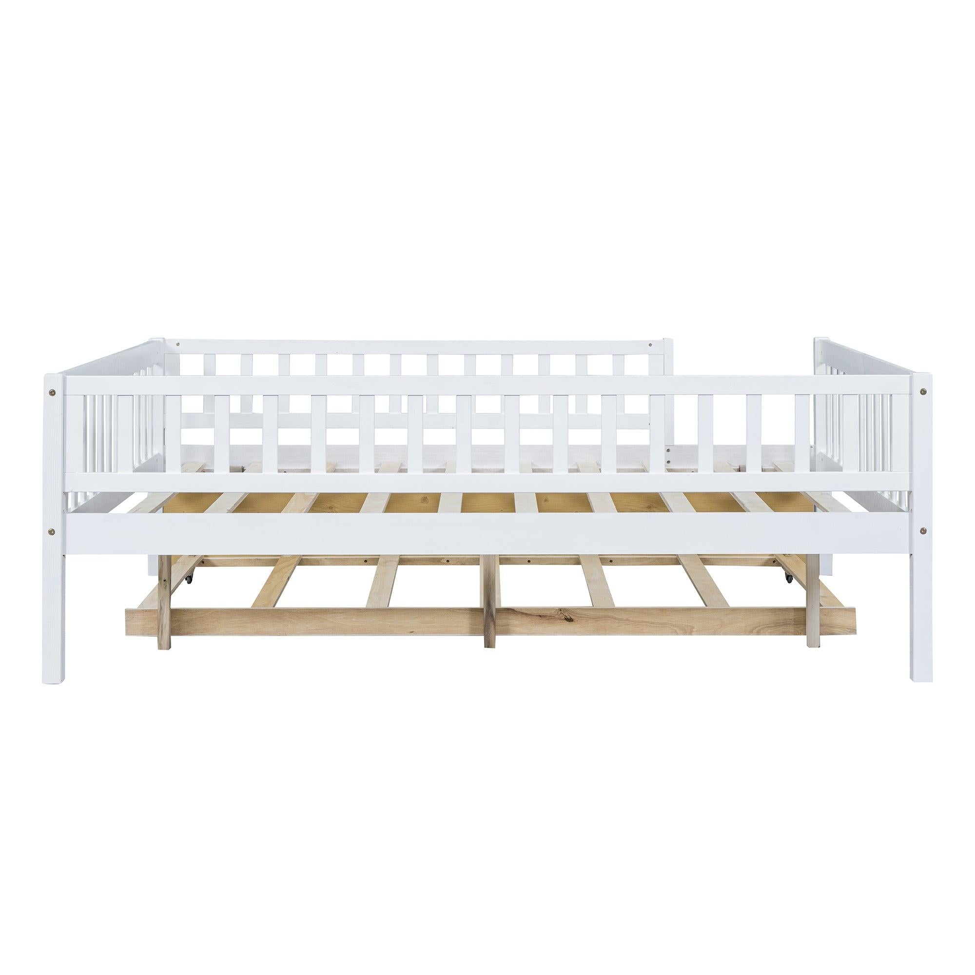 Full Size Wood Daybed with Trundle and Fence Guardrails, White