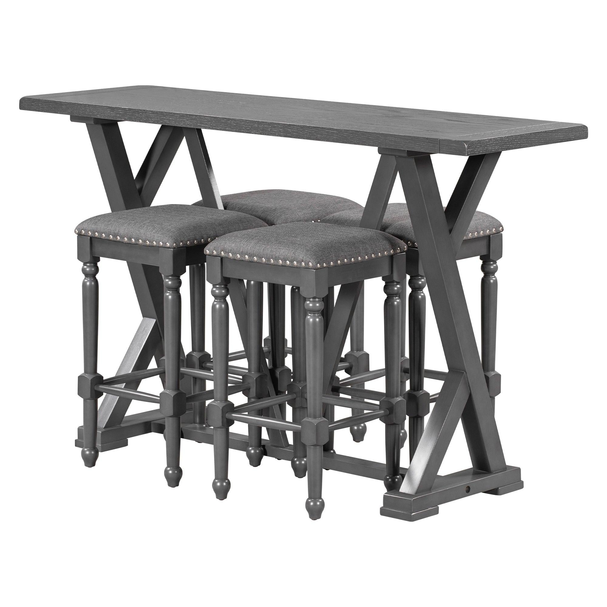 Mid-century Counter Height 5-Piece Dining Set, Wood Console Table with Trestle Legs and 4 Stools for Small Places, Gray