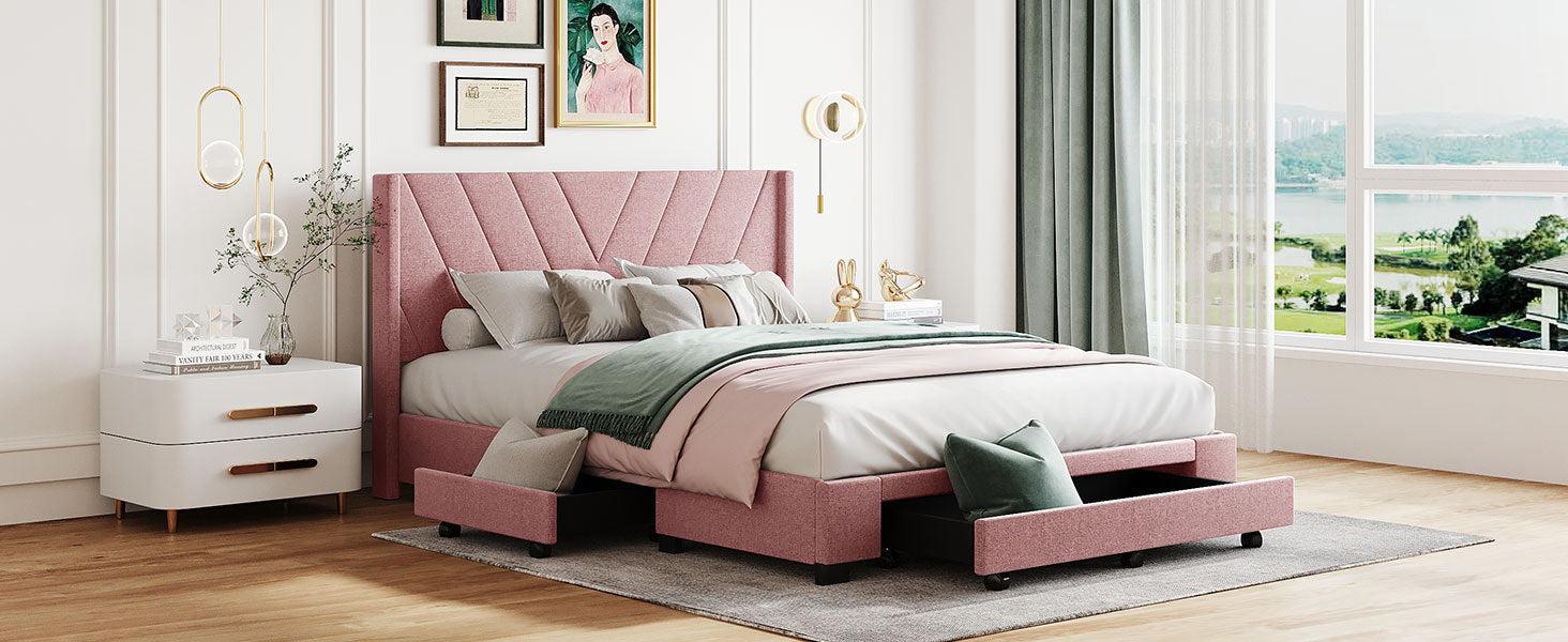 Queen SizeStorage Bed Linen Upholstered Platform Bed with 3 Drawers (Pink)