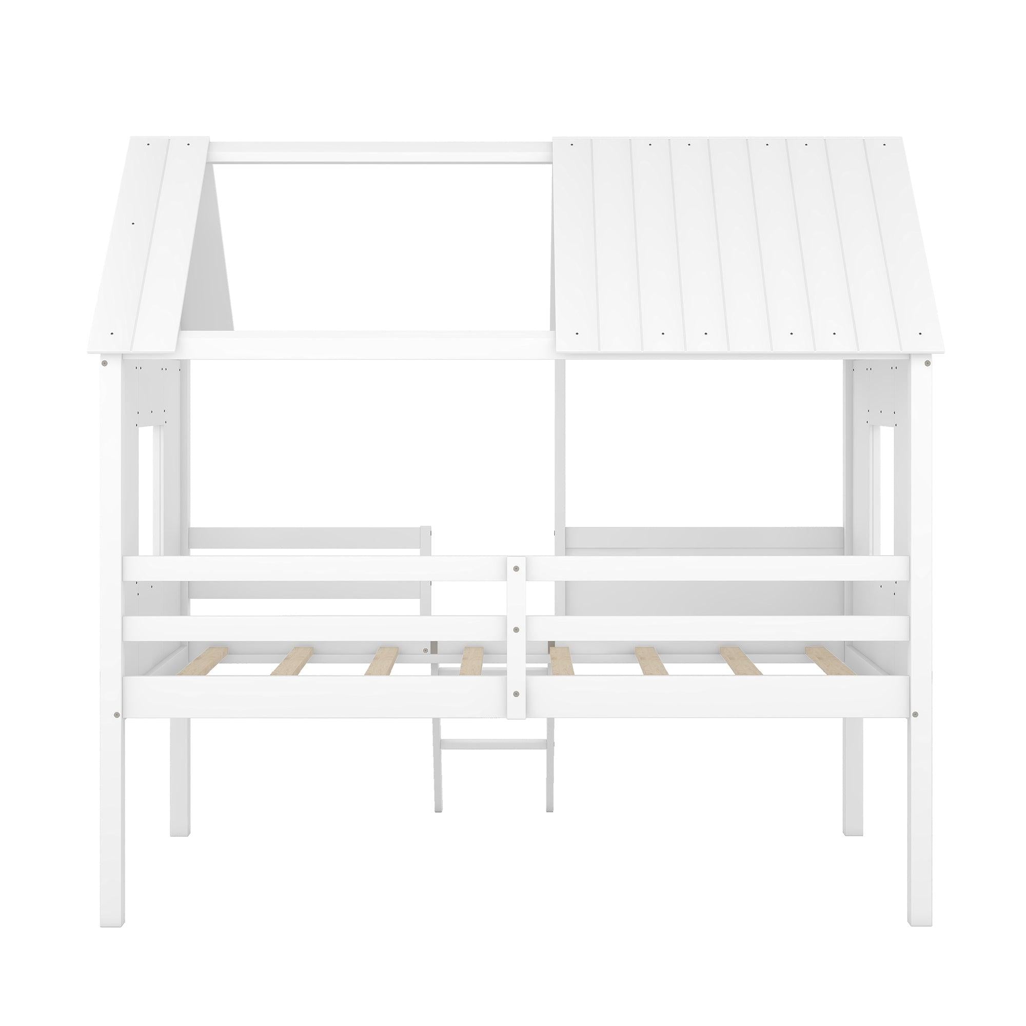 Twin Size Low Loft Wood House Bed with Two Side Windows  (White)