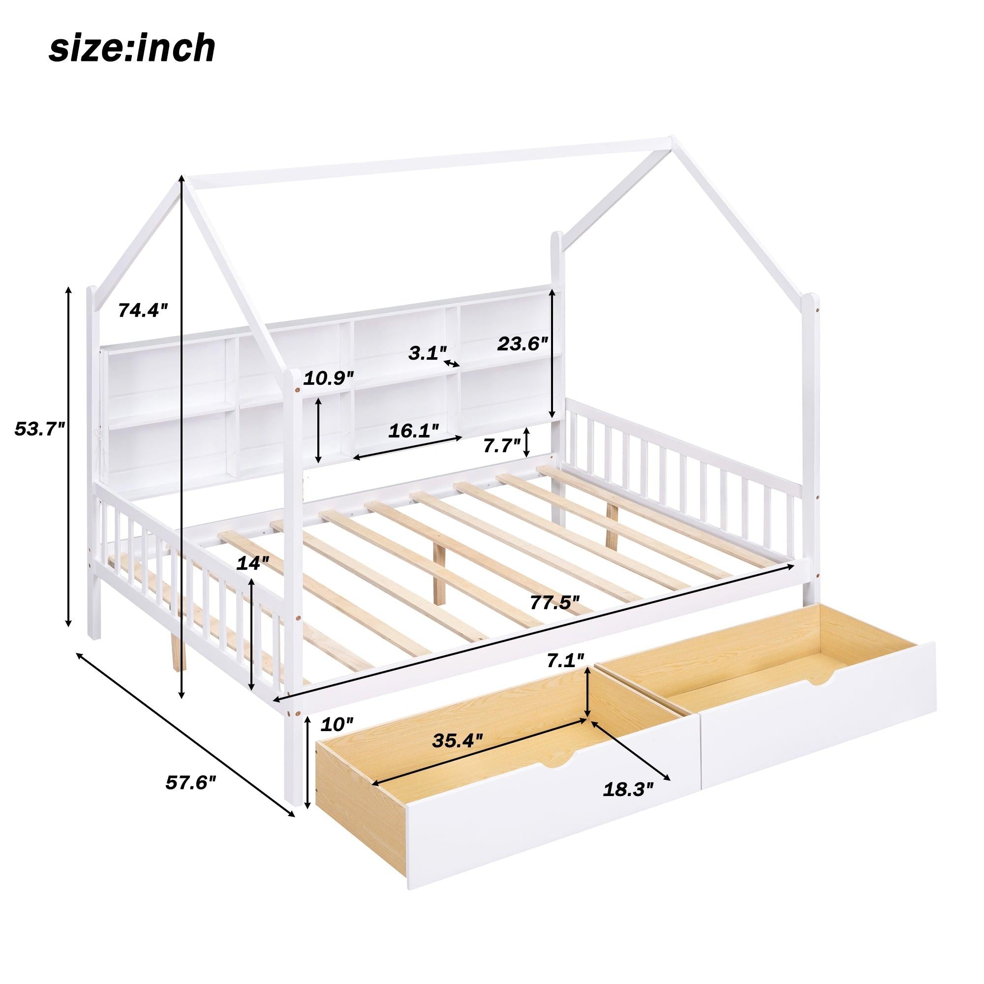 Wooden Full Size House Bed with 2 Drawers,Kids Bed withStorage Shelf, White