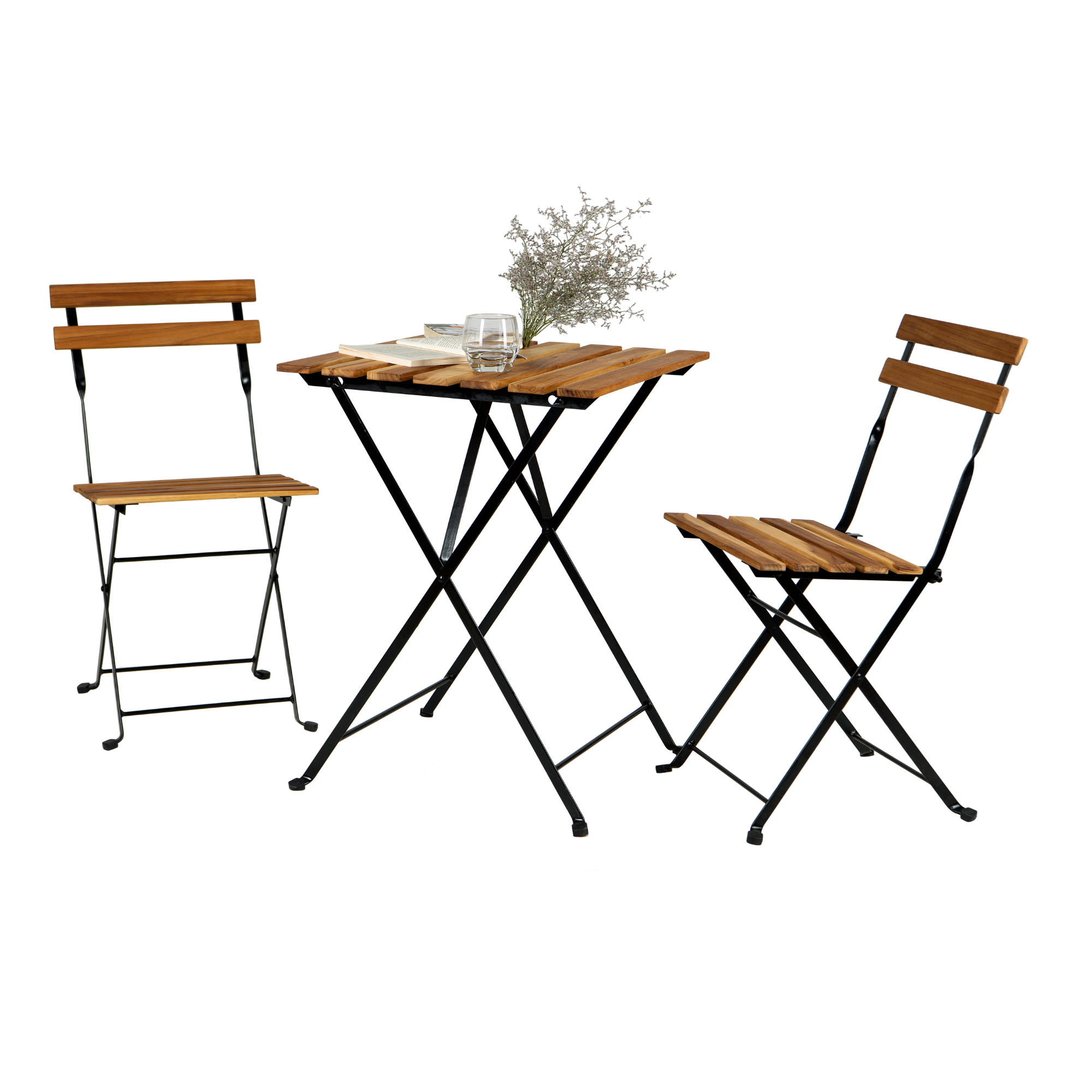 Solid Teak Wood Bistro Set Folding Table And Chair Set Power Coating Frame Patio Set With Waterproof Navy Cushion