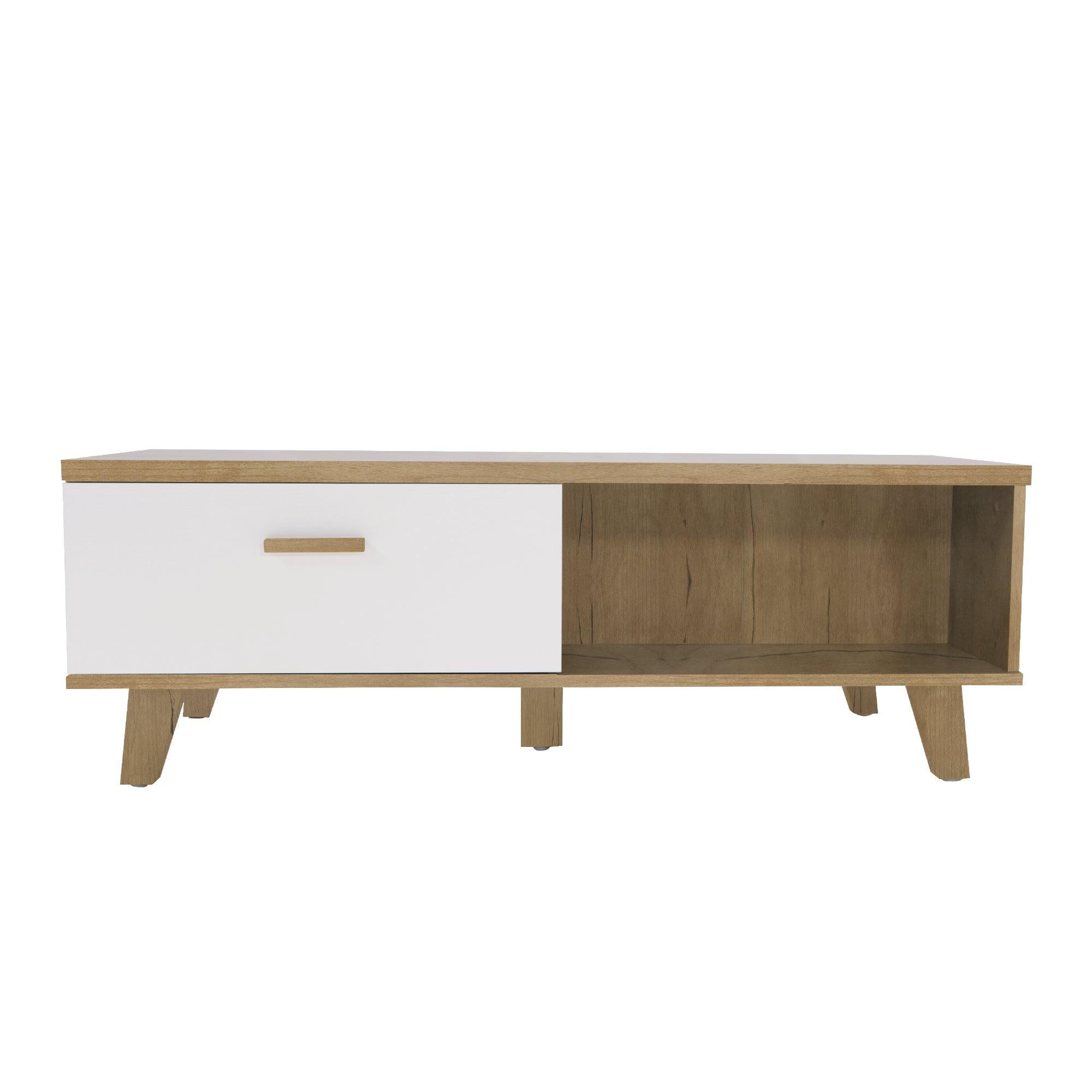 COFFEE TABLE，computer table, wood+white color, solid wood handles and legs, two drawers