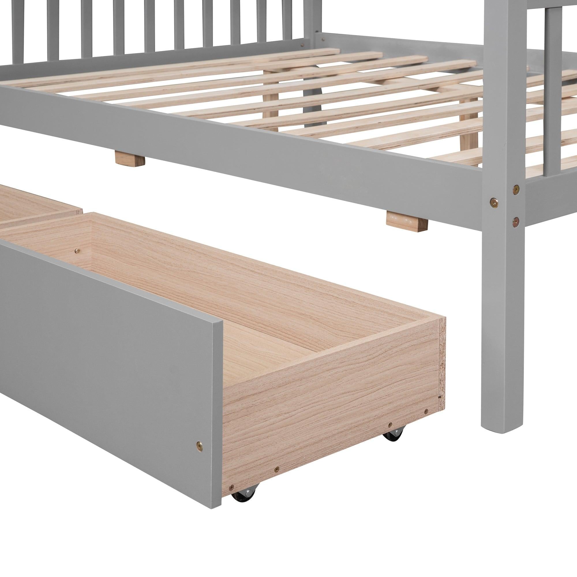 Full Size Wooden House Bed with Drawers, Gray