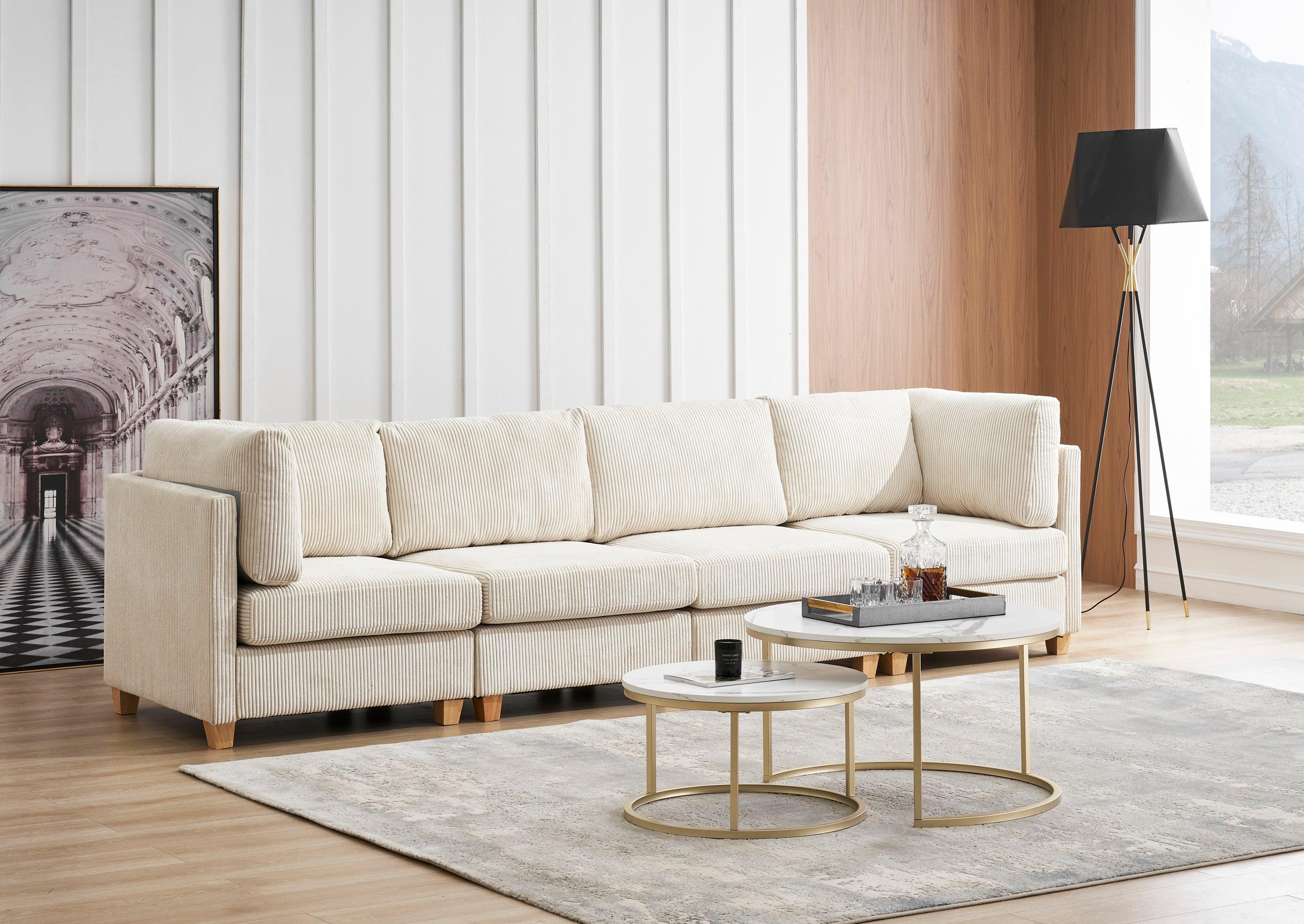 Modern Beige Convertible L Shape Sofa Corduroy Fabric Comfortable Multi-person Combination Living Room Sofa Furniture