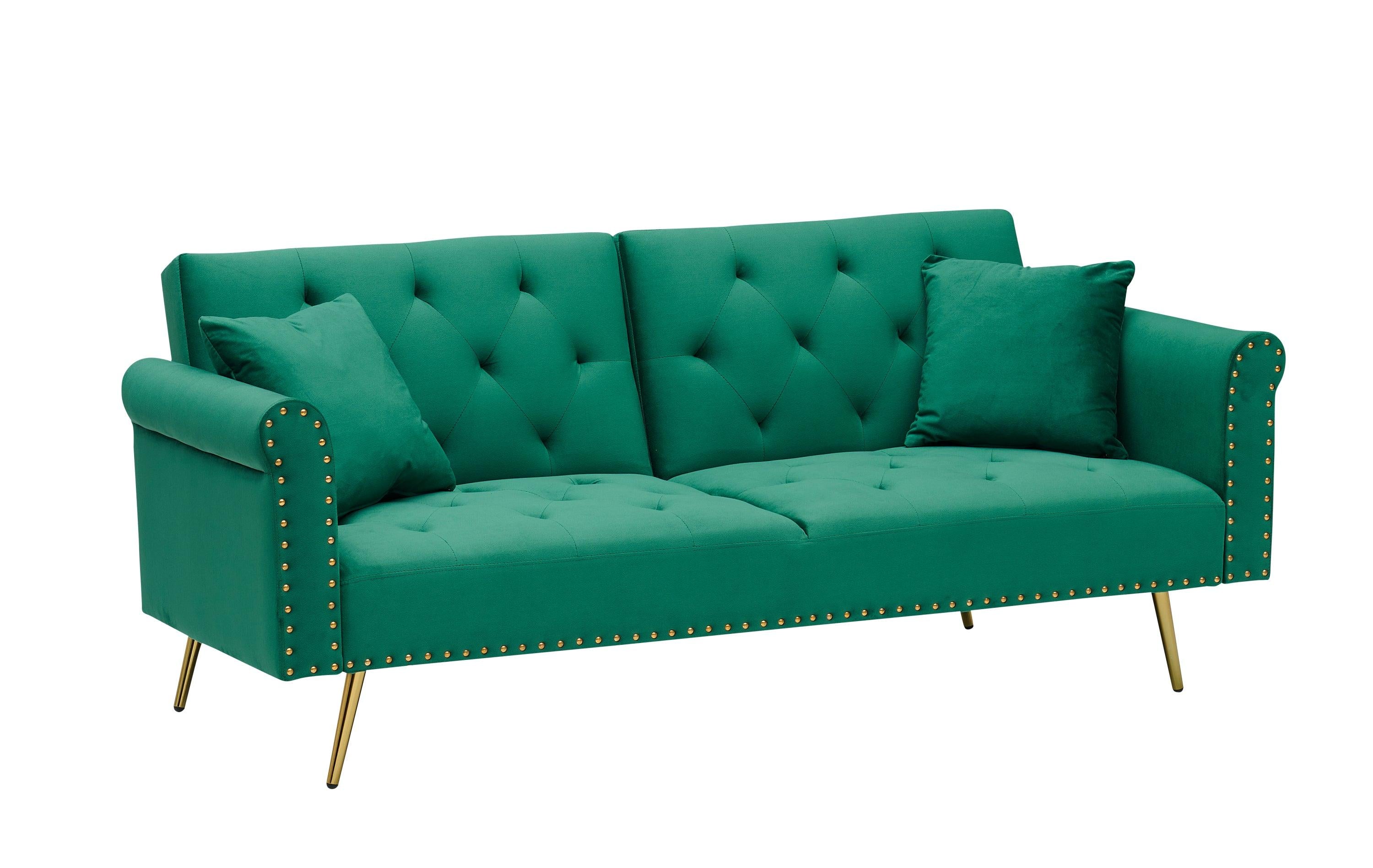 Green velvet nail head sofa bed with throw pillow and midfoot