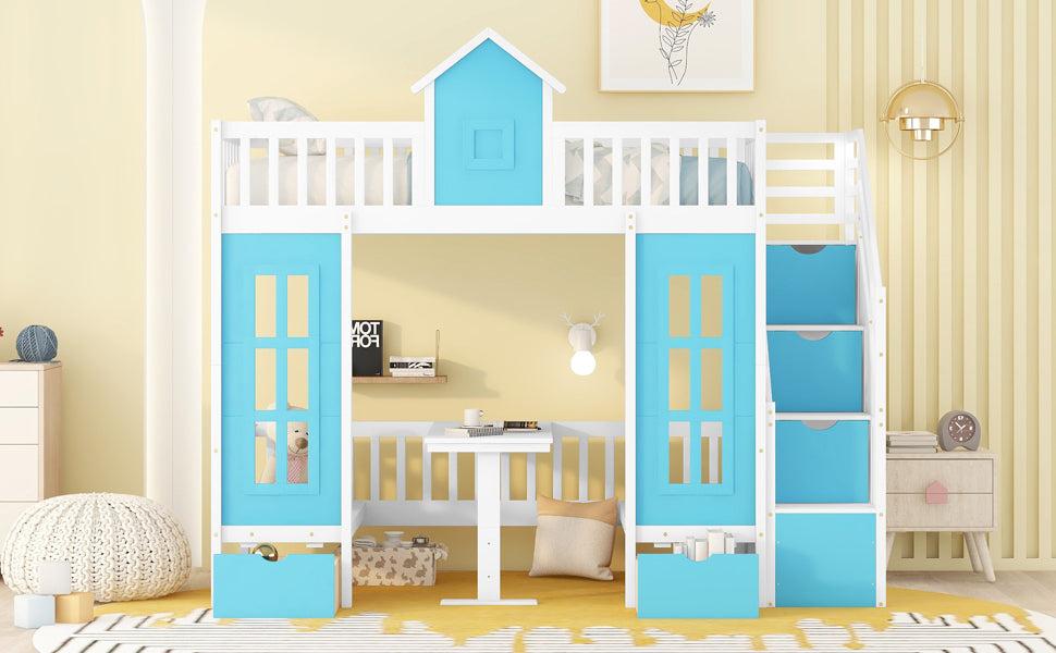 Twin-Over-Twin Bunk Bed with Changeable Table , Bunk Bed  Turn into Upper Bed and Down Desk with 2 Drawers - Blue