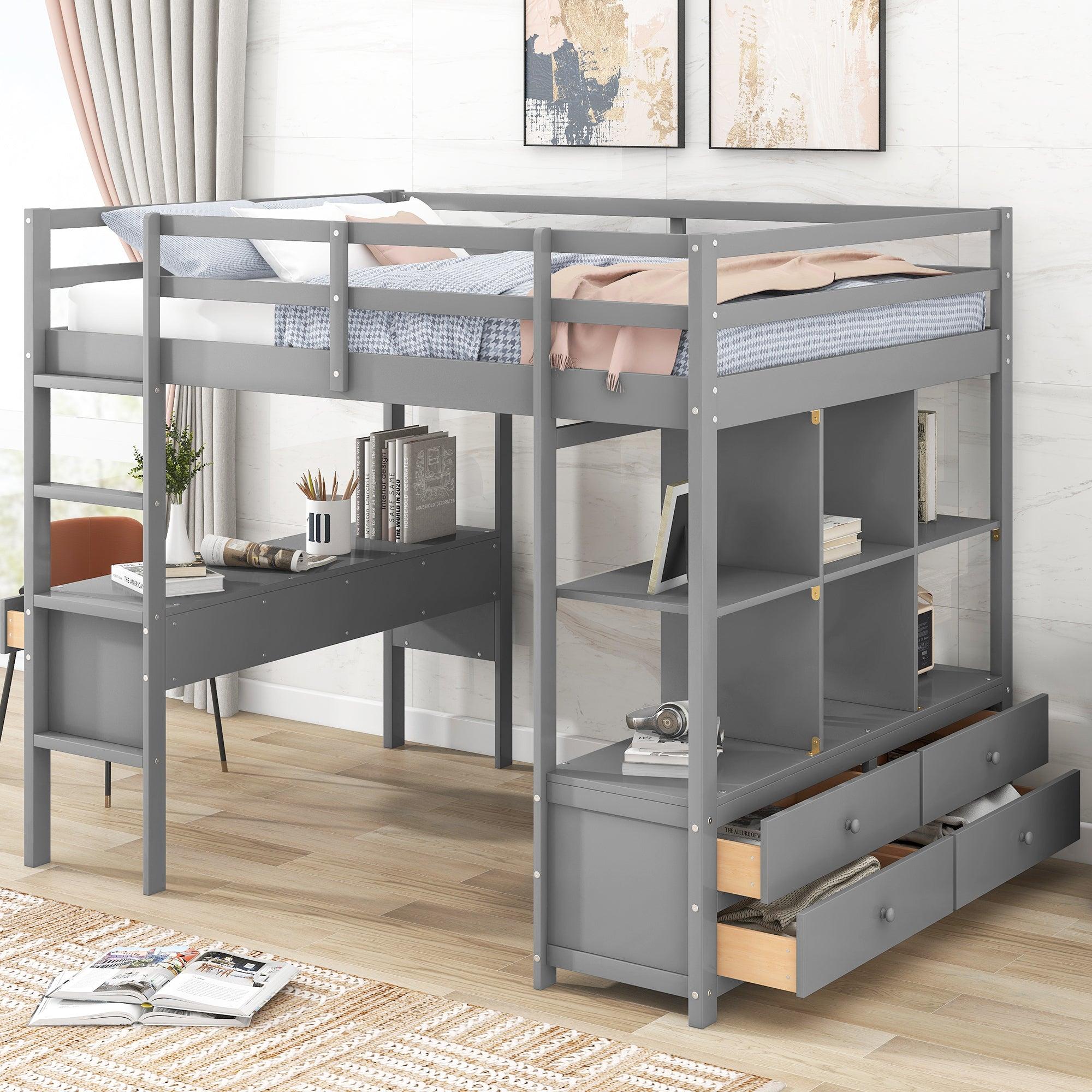 Full Size Loft Bed with Built-in Desk with Two Drawers, andStorage Shelves and Drawers,Gray