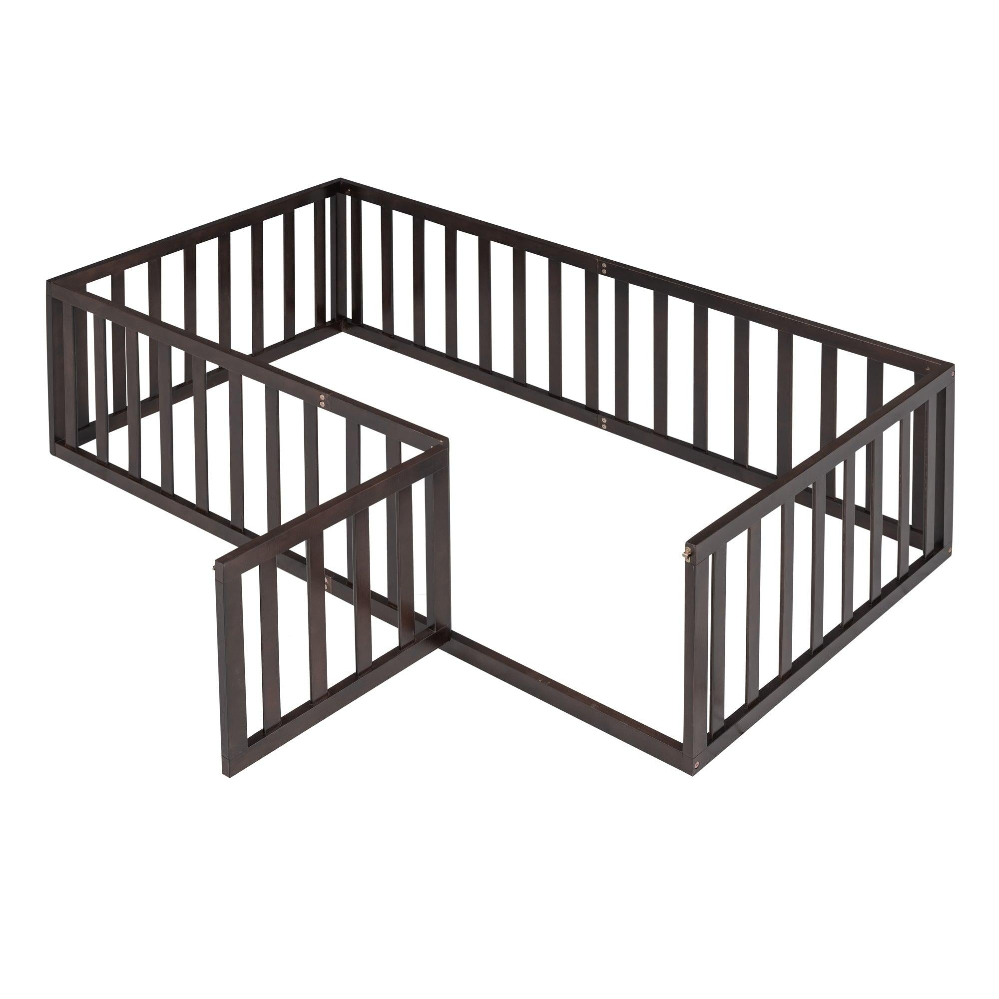 Twin Size Wood Floor Bed Frame with Fence and Door, Walnut