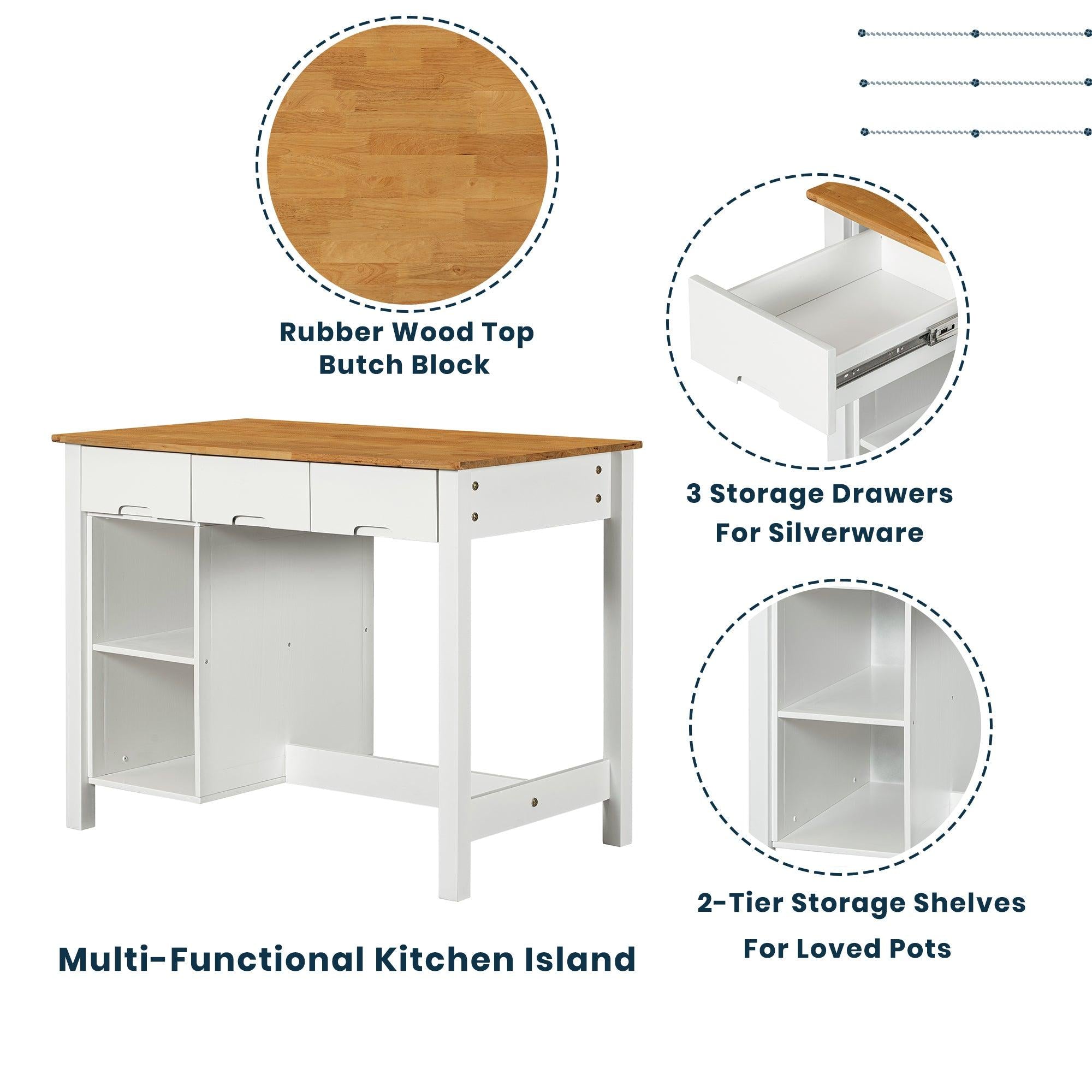 Farmhouse 3-piece 45" Stationary Rubber Wood Kitchen Island Set with 2 Seatings, Butcher Block Dining Table Set Prep Table Set with 2 Shelves and 3 Drawers for Small Places,White