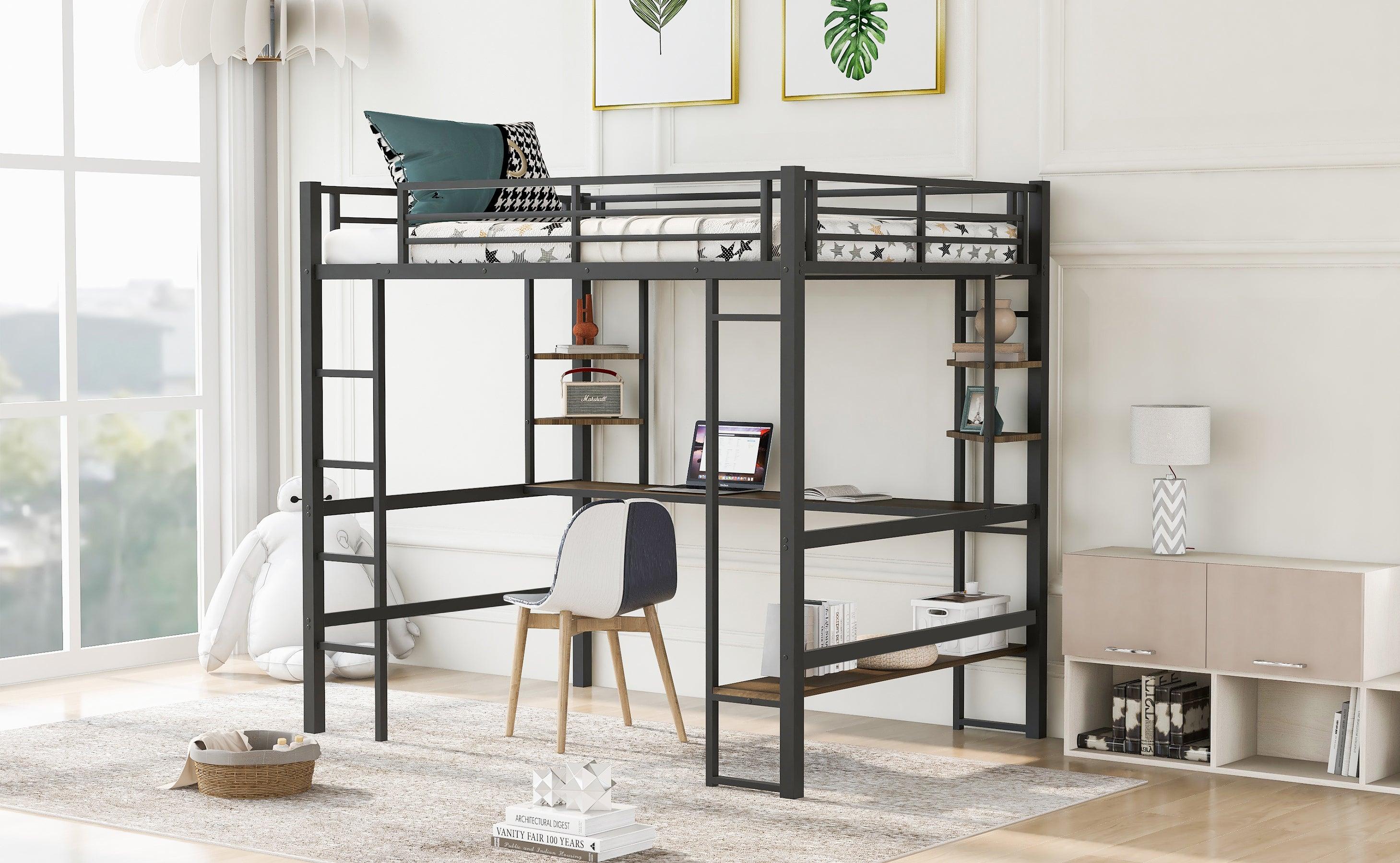 Full Size Loft Metal&MDF Bed with Long Desk and Shelves,Black