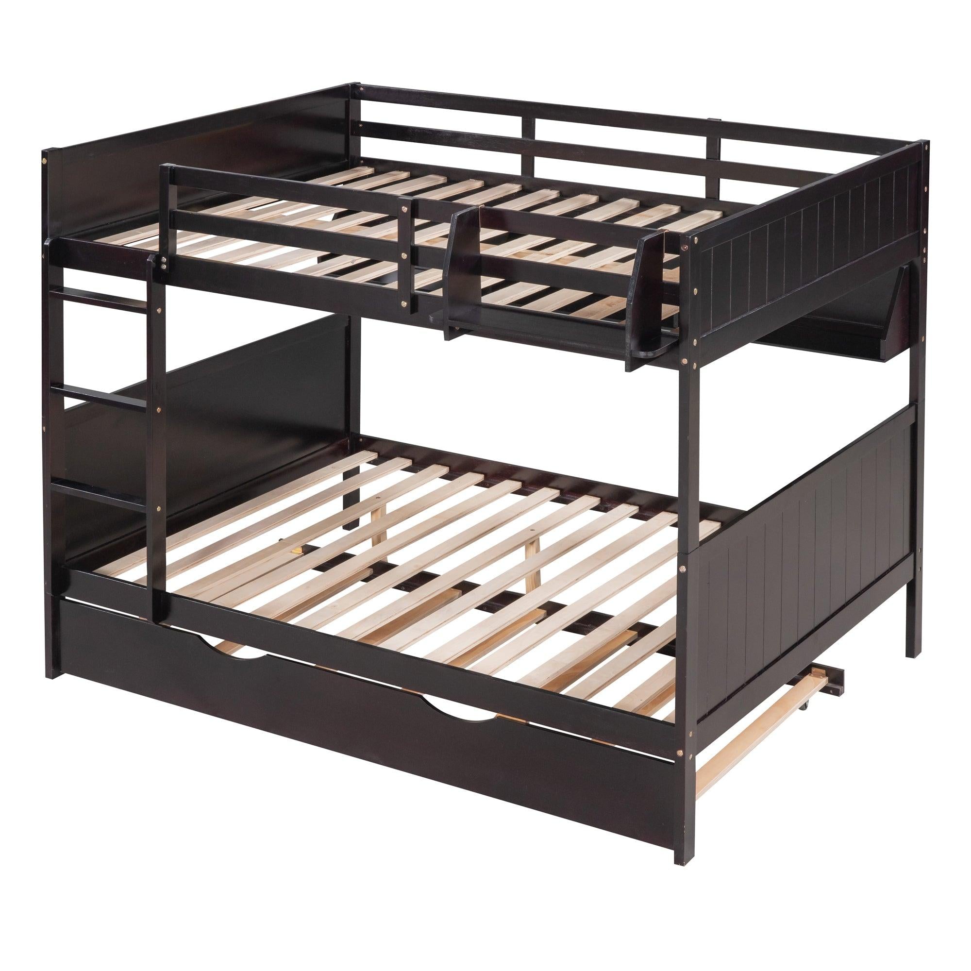 Full-Over-Full Bunk Bed with Twin size Trundle , Separable Bunk Bed with Bookshelf for Bedroom-Espresso