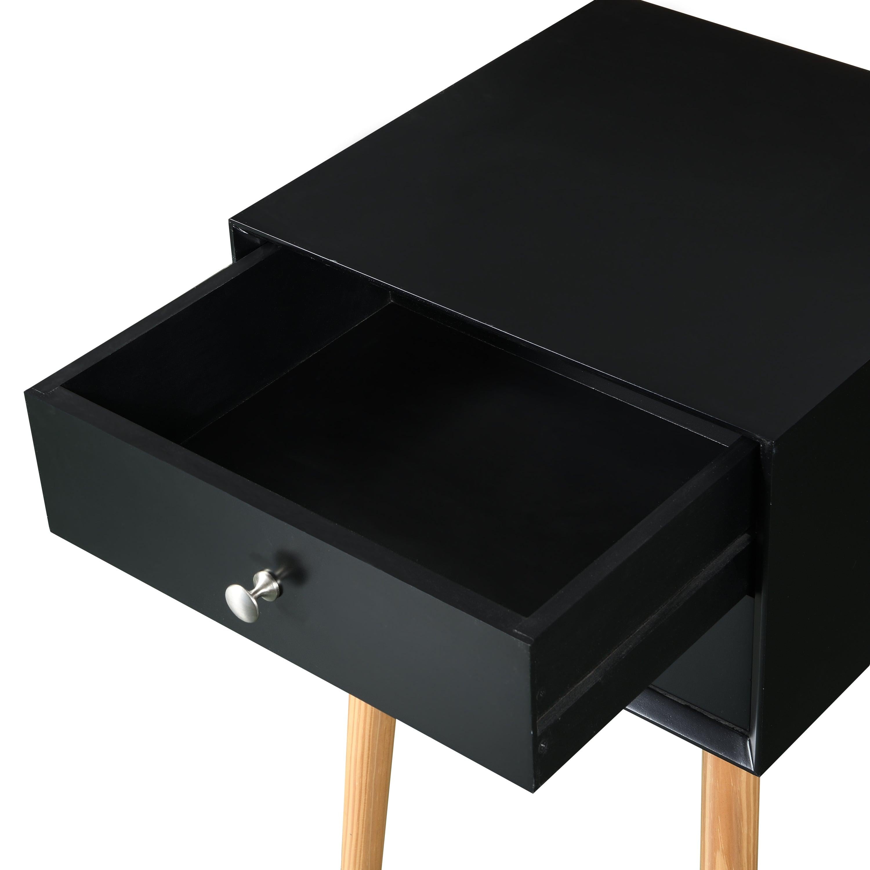 Side Table,Bedside Table with 2 Drawers and Rubber Wood Legs, Mid-CenturyModernStorage Cabinet for Bedroom Living Room, Black