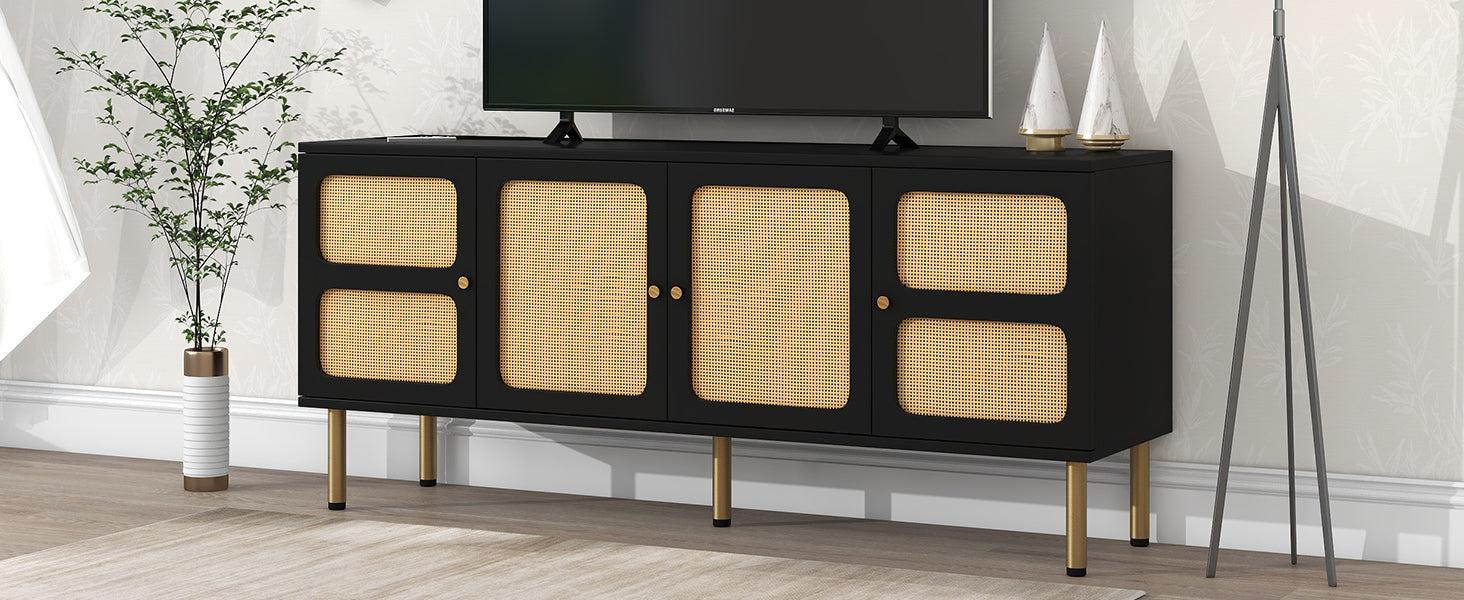 Boho style TV Stand with Rattan Door, Woven Media Console Table for TVs Up to 70”, Country Style Design Side Board with Gold Metal Base for Living Room, Black.