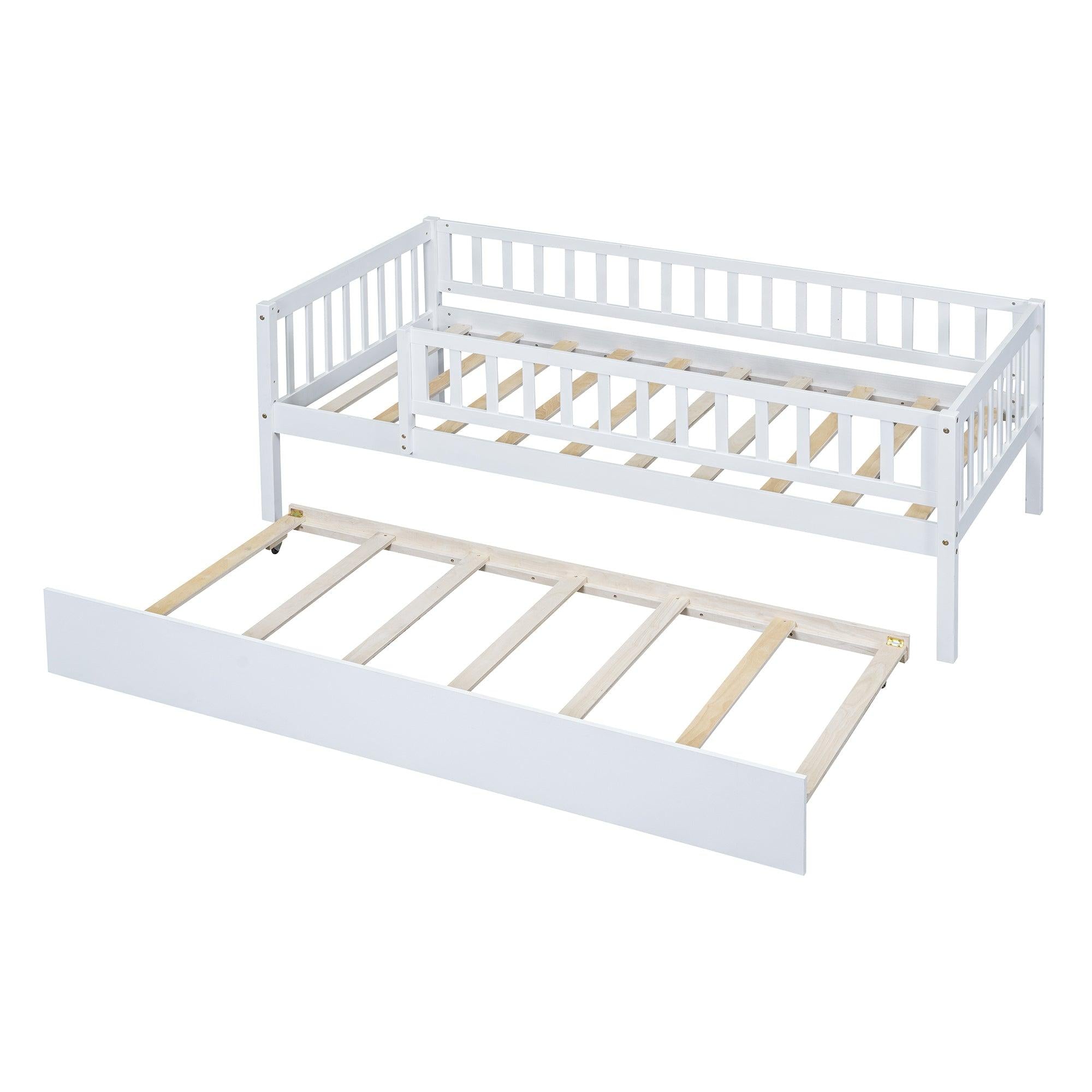 Twin Size Wood Daybed with Trundle and Fence Guardrails, White