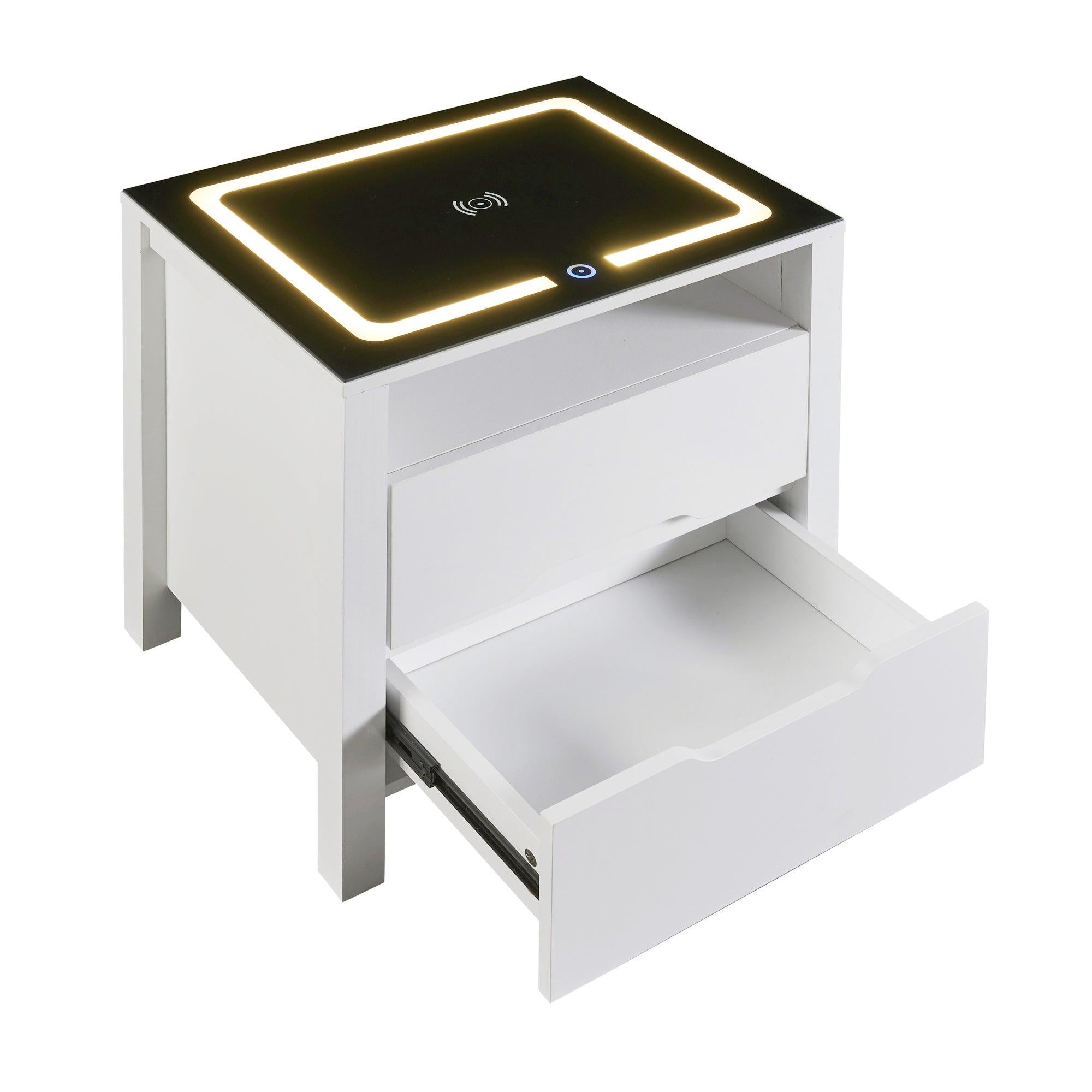 MultifunctionalStorage Nightstand with 2 Drawers and an open shelf, Wireless Charging with adjustable LED, White