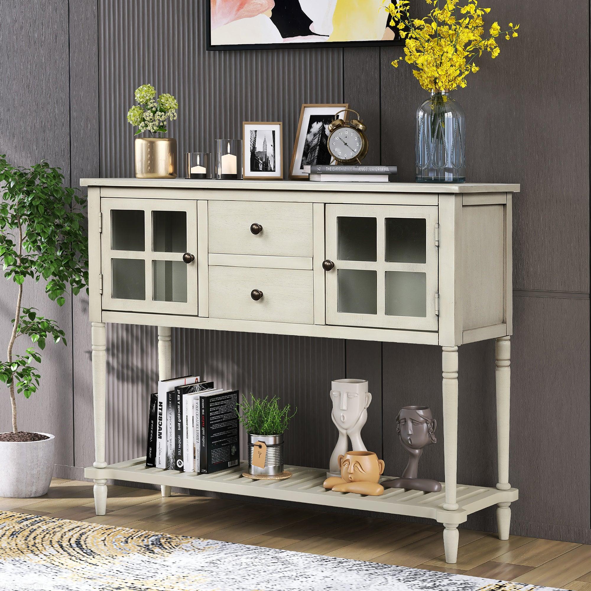 Sideboard Console Table with Bottom Shelf, Farmhouse Wood/Glass BuffetStorage Cabinet Living Room (Antique Grey)