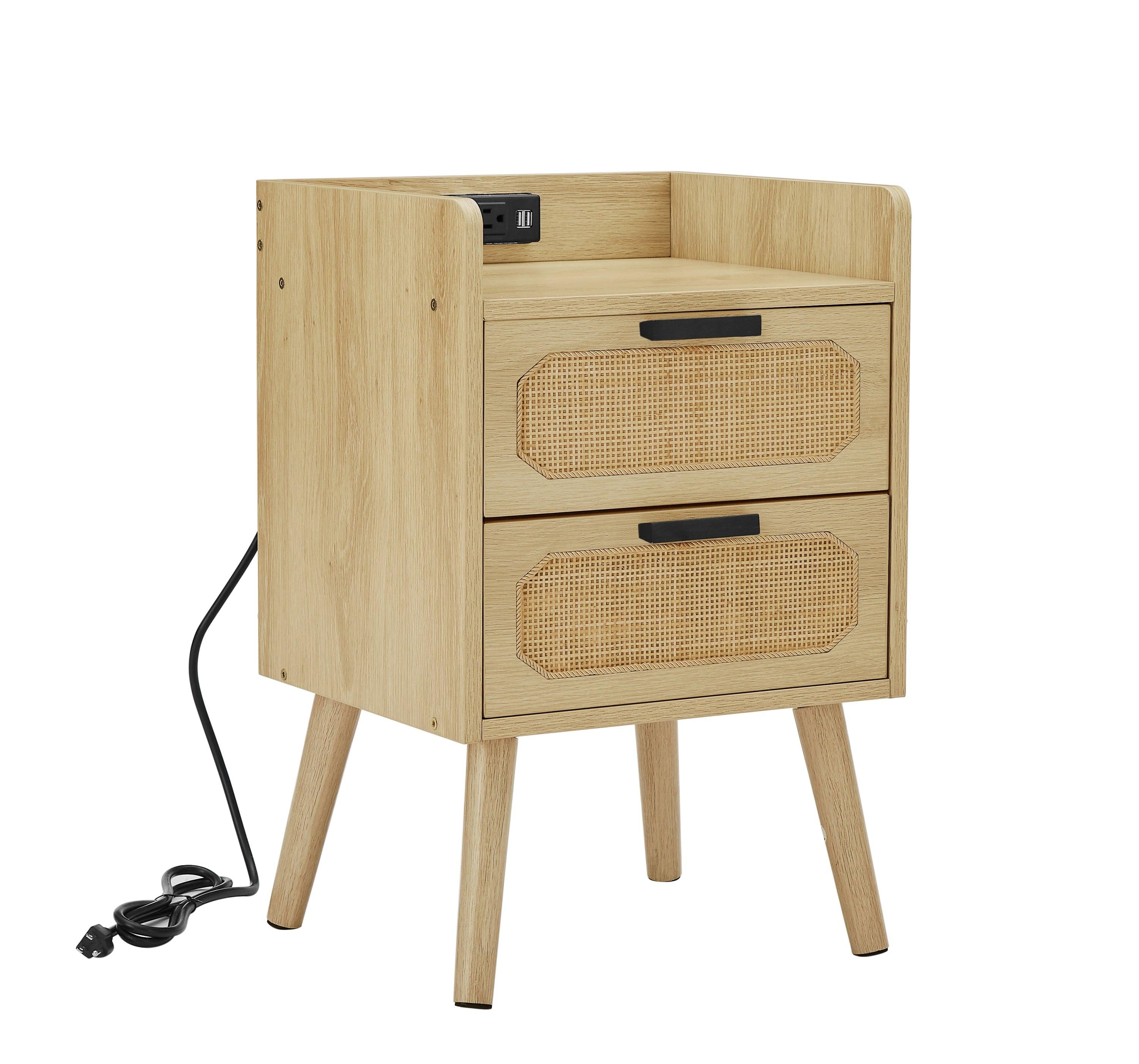 Rattan nightstand with socket side table natural handmade rattan（2PC,Natural ,15.55’’W*13.78’’D*23.82’’H）