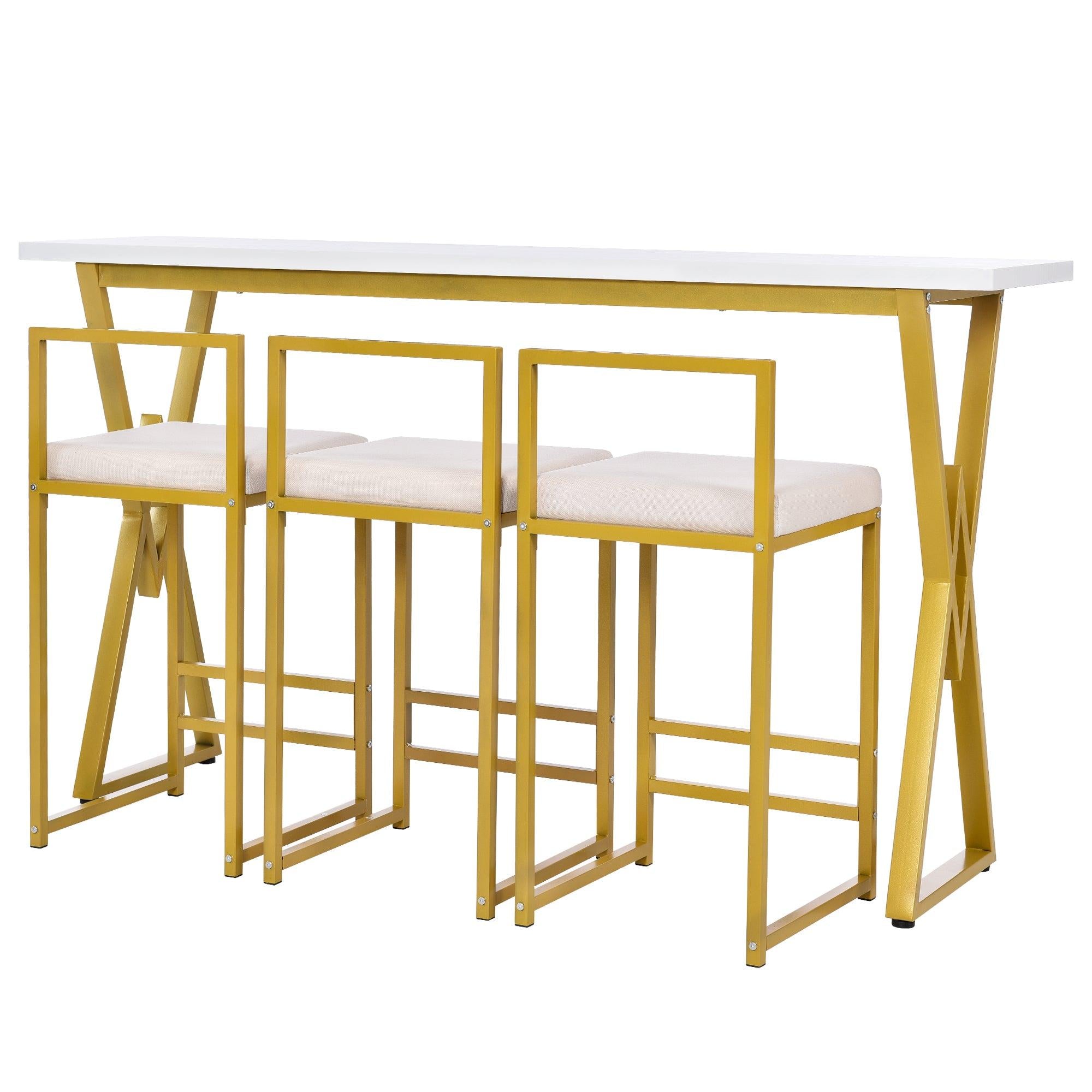 Modern 4-Piece Counter Height Extra Long Console Bar Dining Table Set with 3 Padded Stools for Small Places, ld