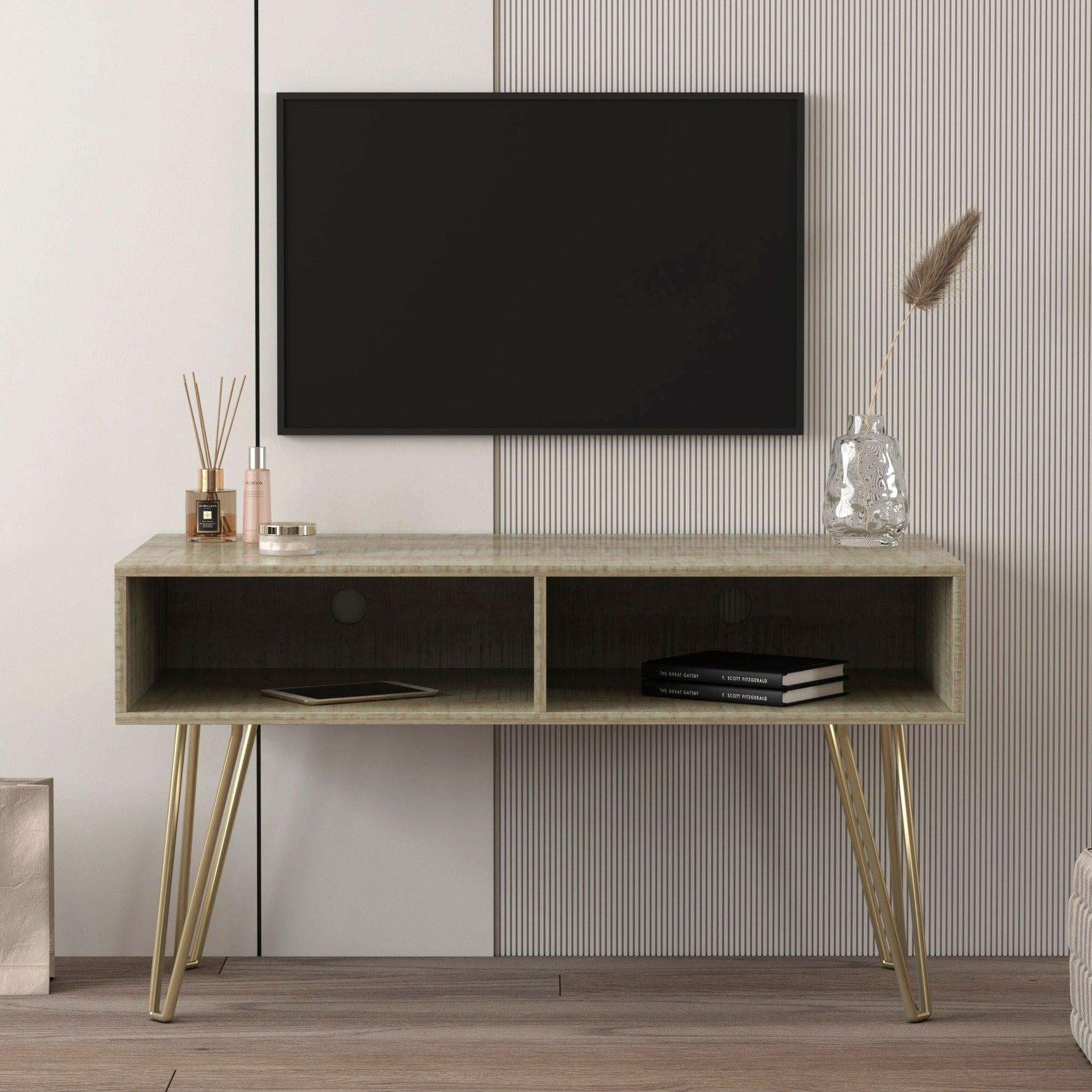 Modern Design TV stand stable Metal Legs  with 2 open shelves to put TV, DVD, router, books, and small ornaments,Grey