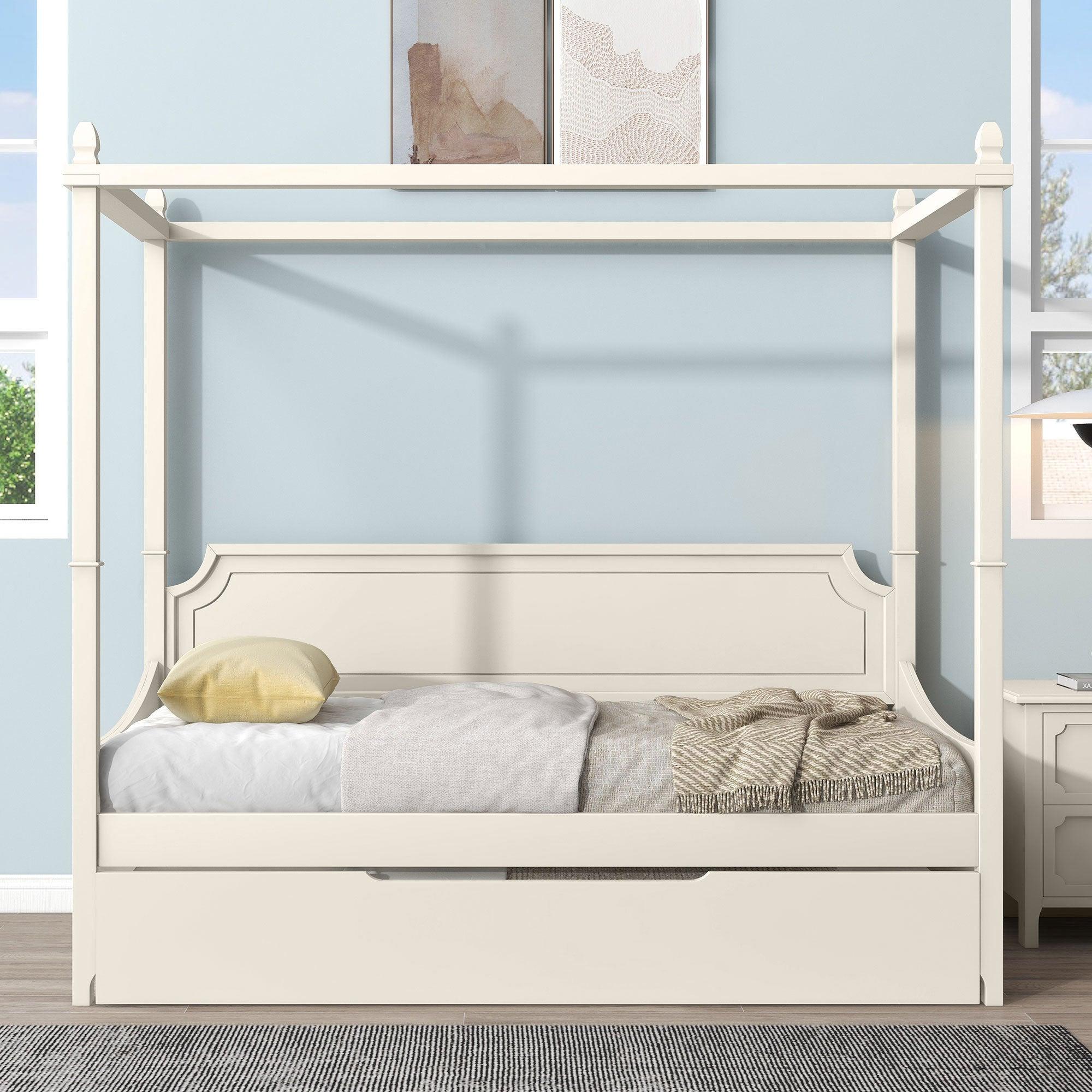 Milky White Solid Rubber Wood Twin Size Canopy Daybed with Trundle Four Square Columns with Rollers for Limited Spaces