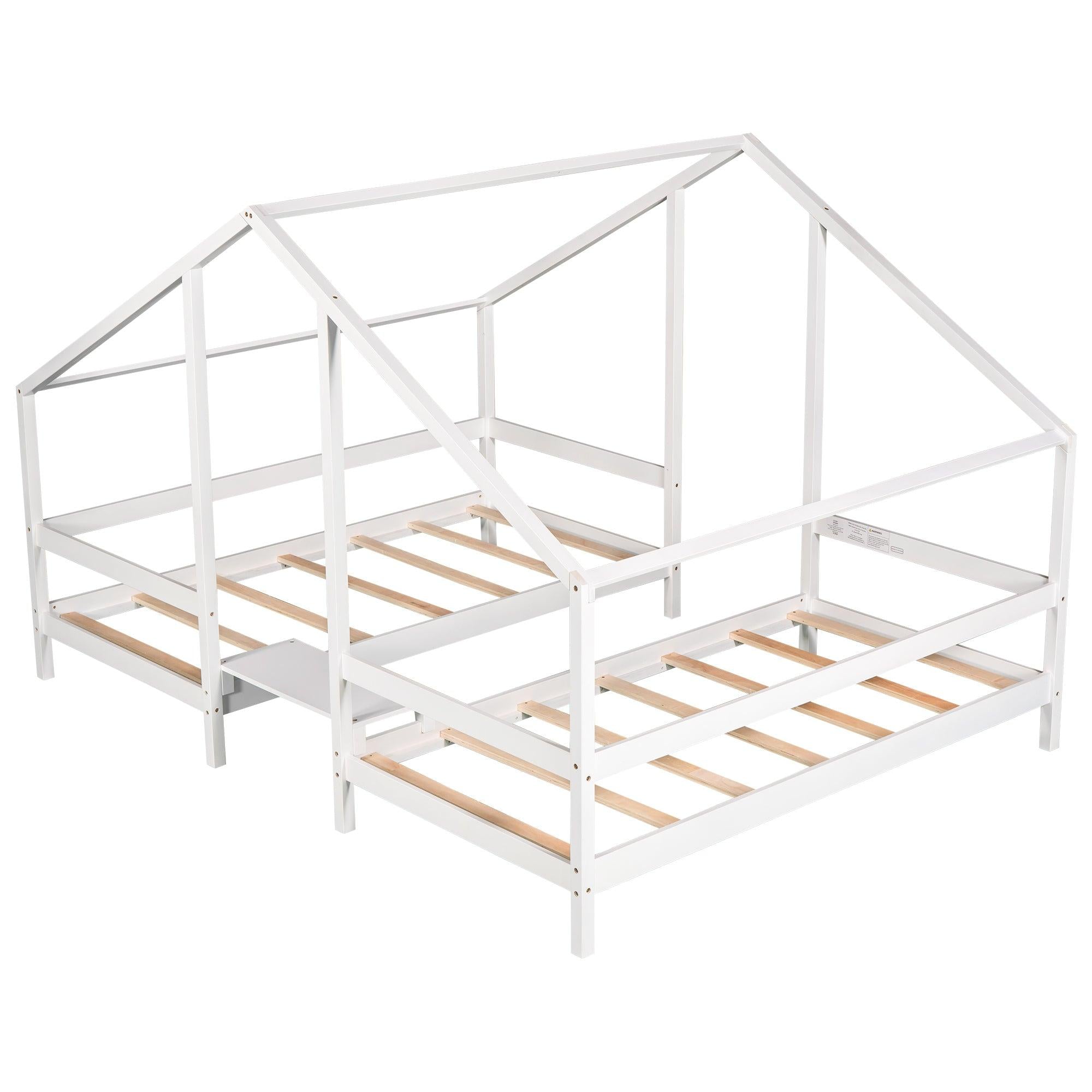 Double Twin Size Triangular House Beds with Built-in Table,White