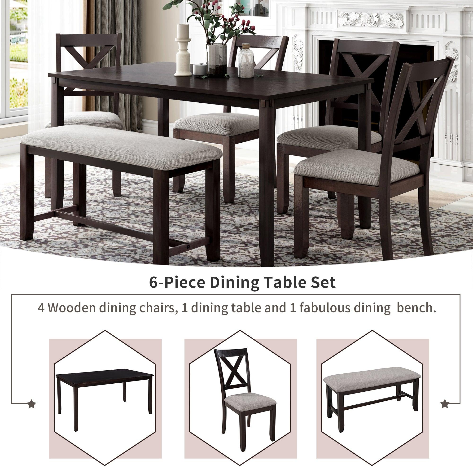 6-Piece Kitchen Dining Table Set Wooden Rectangular Dining Table, 4 Fabric Chairs and Bench Family Furniture (Espresso)