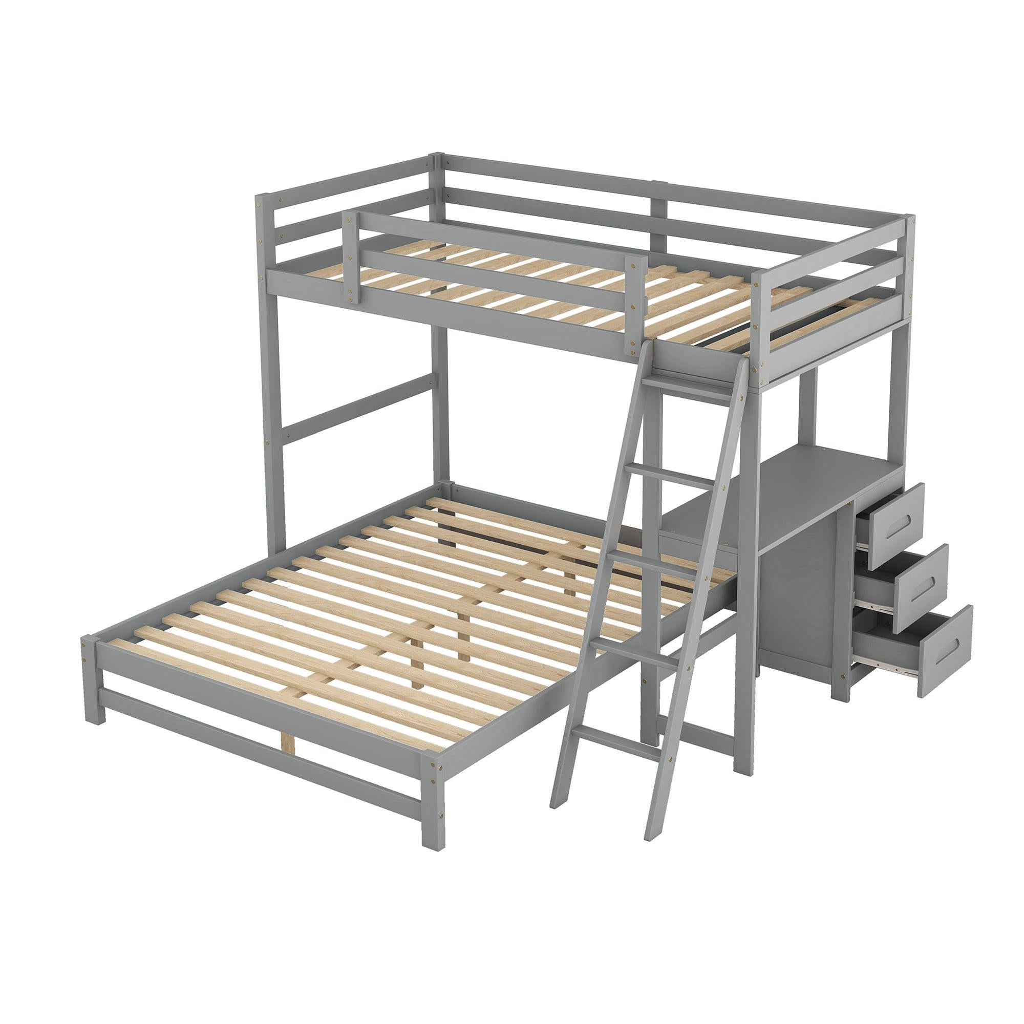 Twin over Full Bunk Bed with Built-in Desk and Three Drawers,Grey