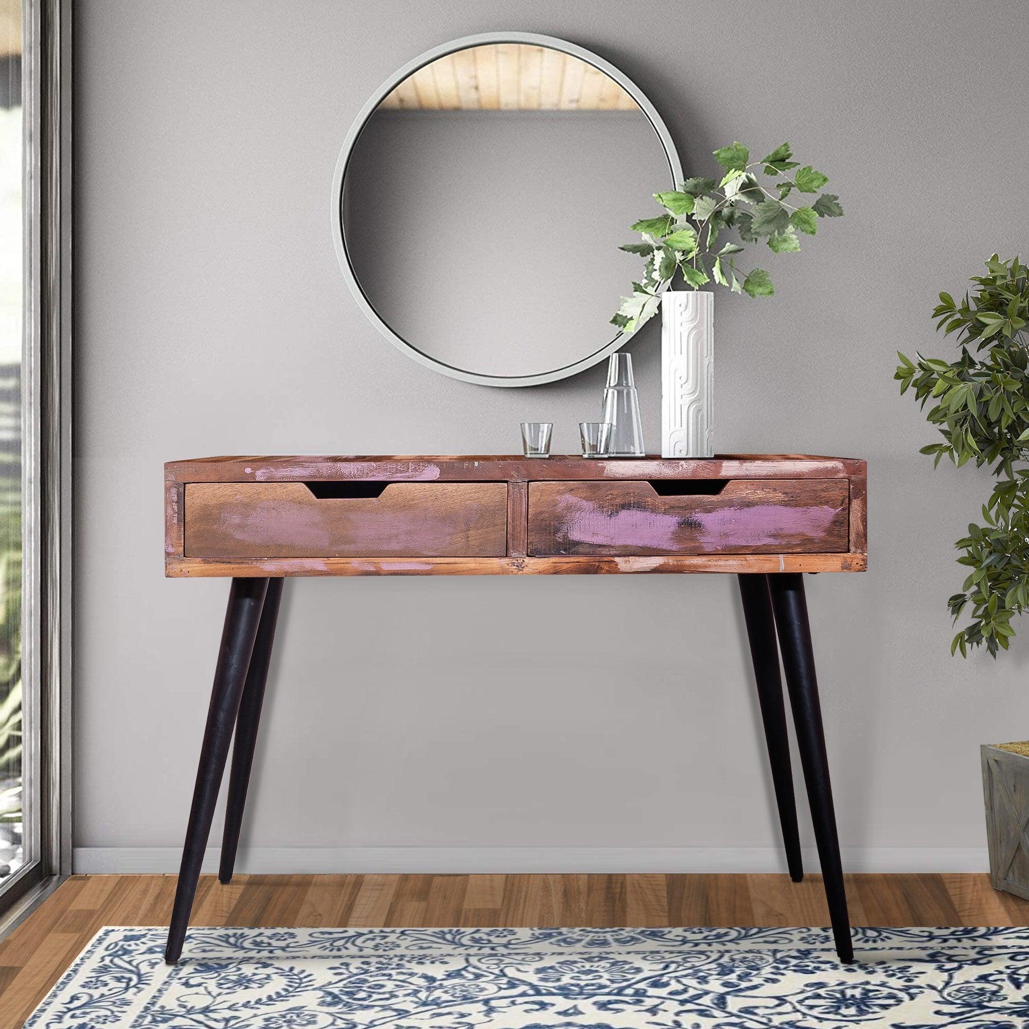 43 Inch 2 Drawer Reclaimed Wood Console Table, Angled Legs, Multi Tone Pastel Accent, Brown, Black