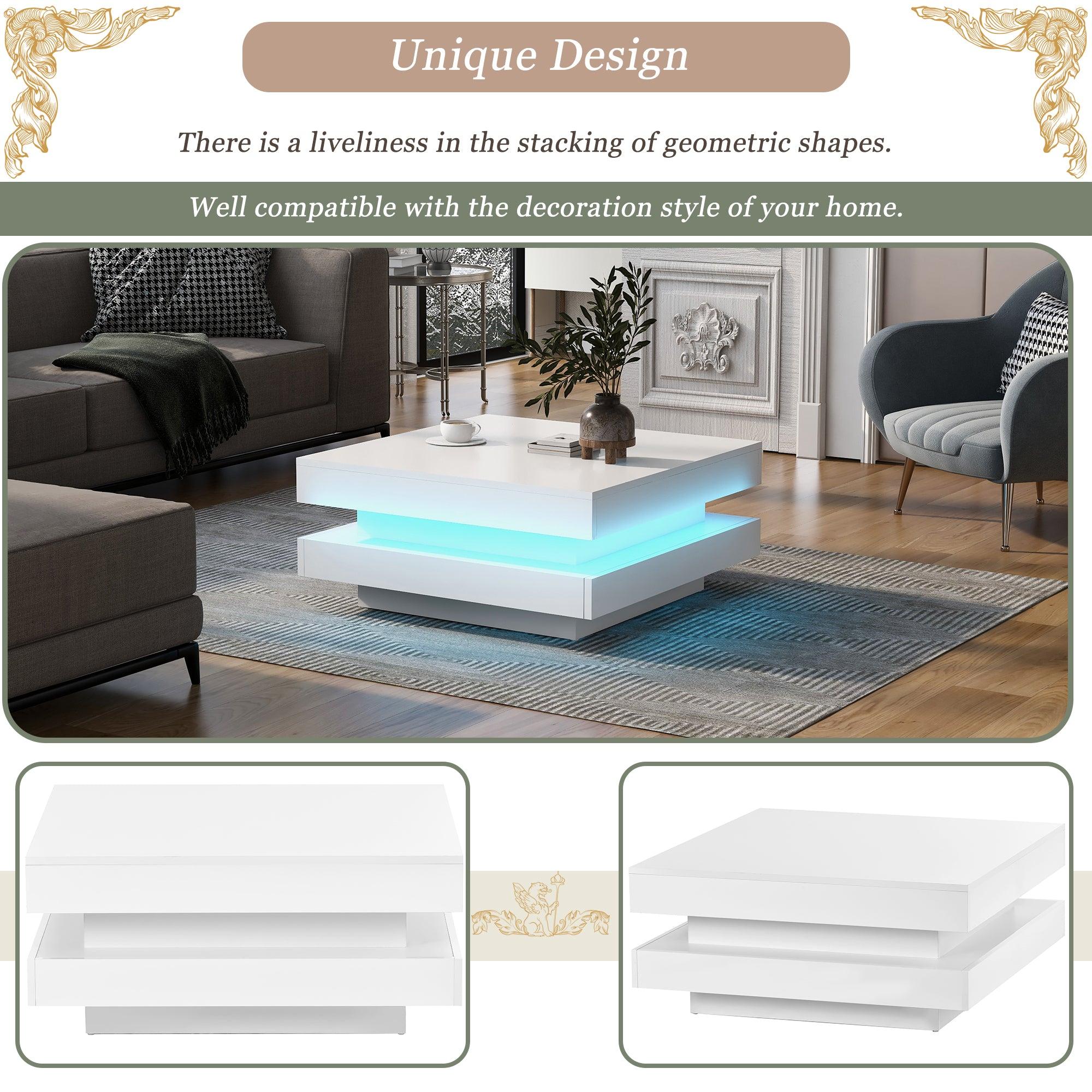 High Gloss Minimalist Design with plug-in 16-color LED Lights, 2-Tier Square Coffee Table, Center Table for Living Room, 31.5”x31.5”x14.2”, White