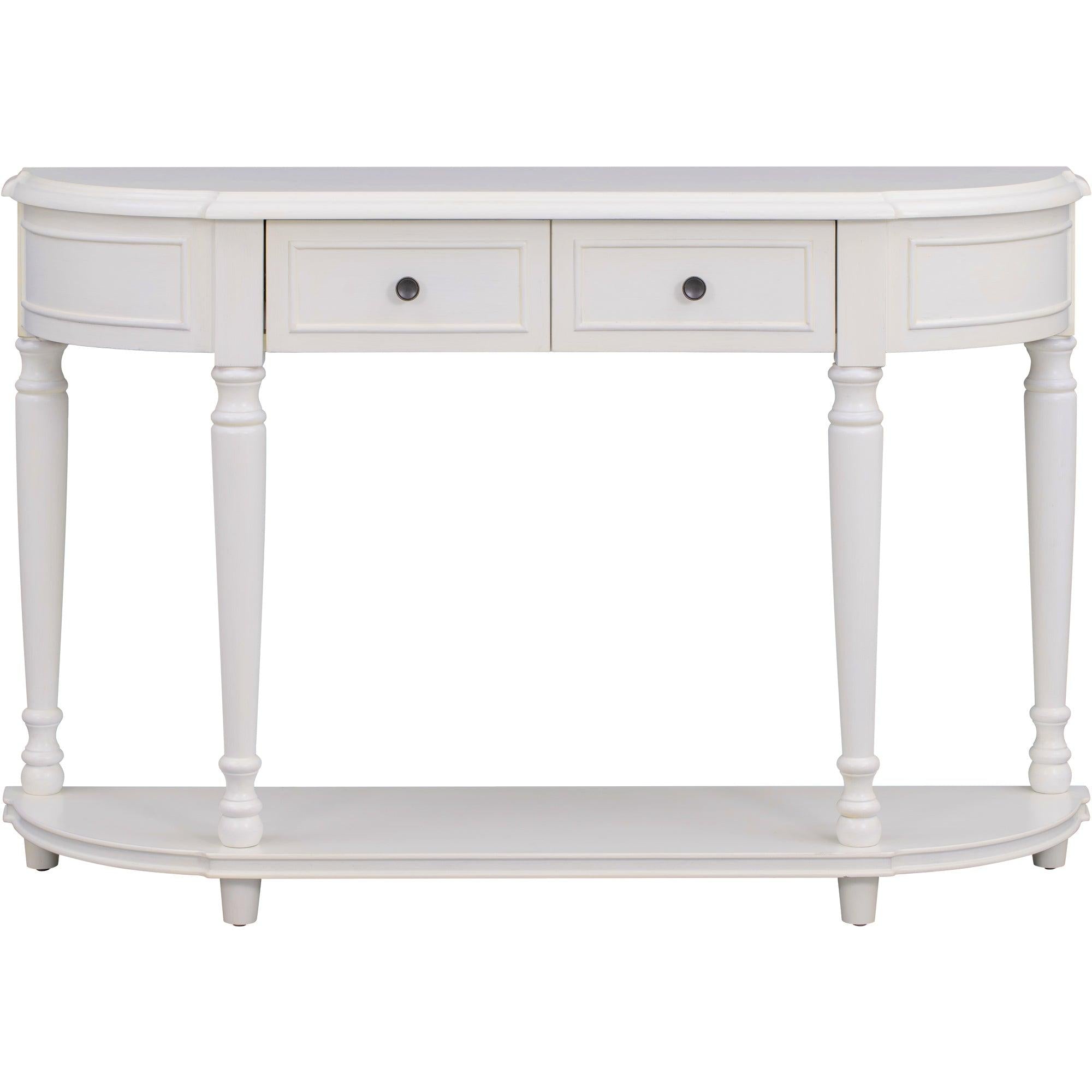 Retro Circular Curved Design Console Table with Open Style Shelf Solid Wooden Frame and Legs Two Top Drawers (Antique White)